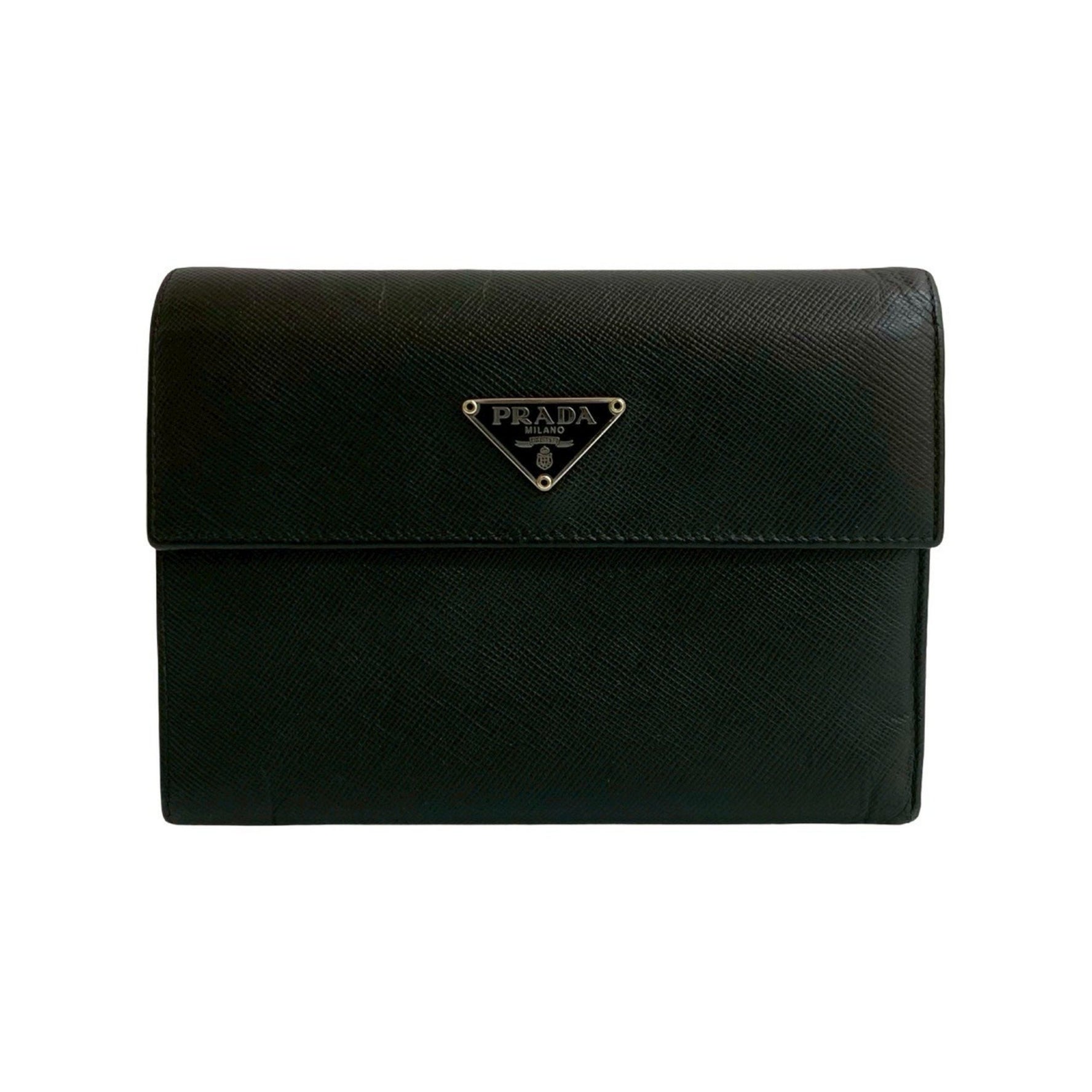 PRADA Triangle Logo Hardware Saffiano Leather Genuine Tri-fold Mini Wallet with Card Holder and Coin Case