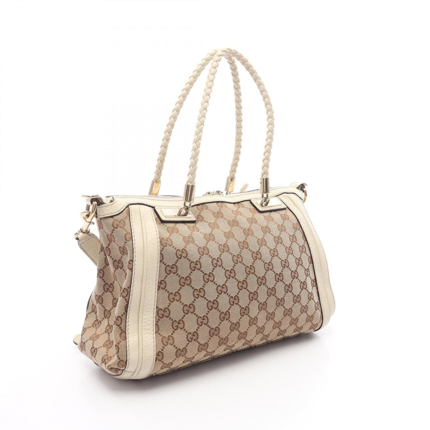 Gucci Bella Bamboo GG Canvas Tote Bag, and Leather, Beige White