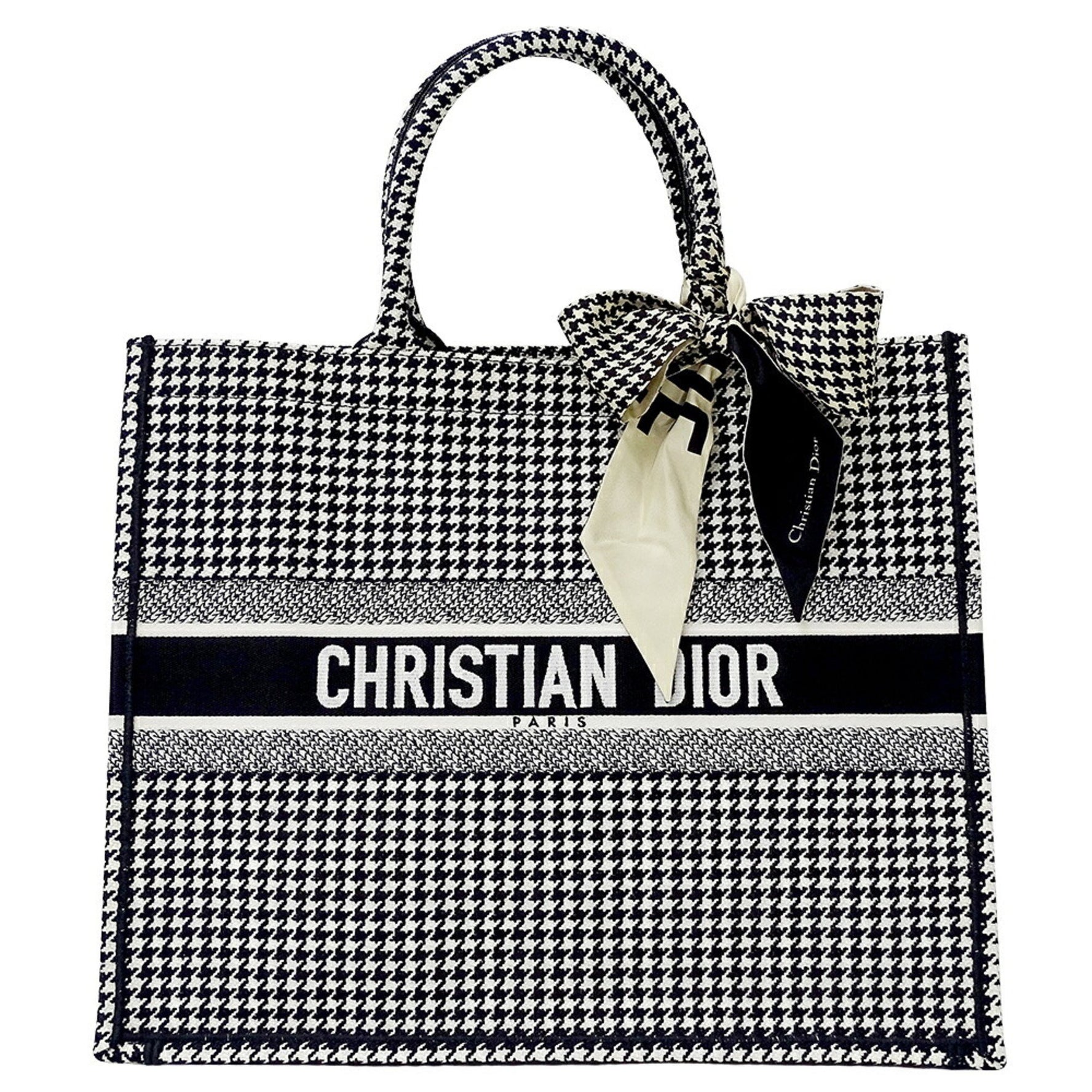 Christian Dior Dior Book Tote Bag, Medium, Canvas, Black and White, Houndstooth Pattern, Includes Scarf (Sold Separately)