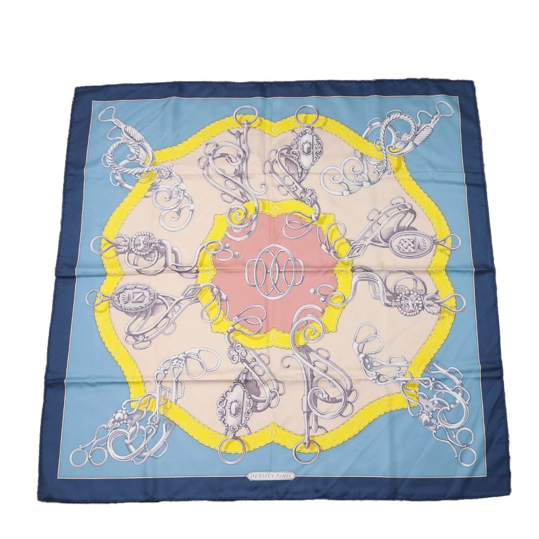 Hermes Carre 90 Scarf Silk Navy Ice Blue Yellow LIFT PROFILE