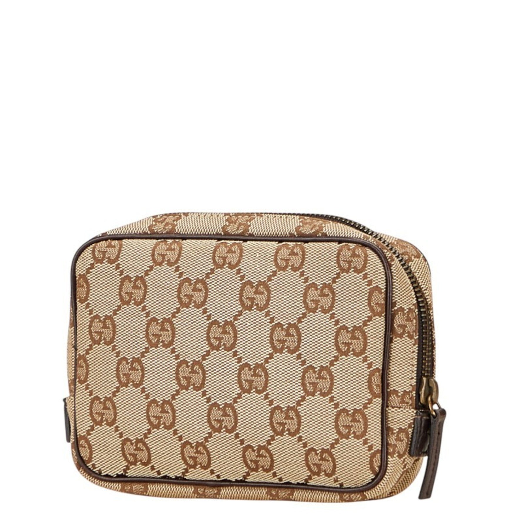 Gucci GG Canvas Pouch Beige Brown Leather