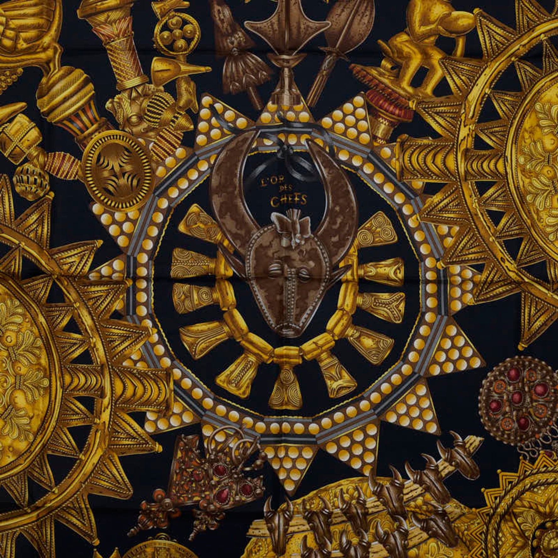 Hermes Carré 90 LOR DES CHEFS Gold of the Chefs Scarf Muffler Black Silk