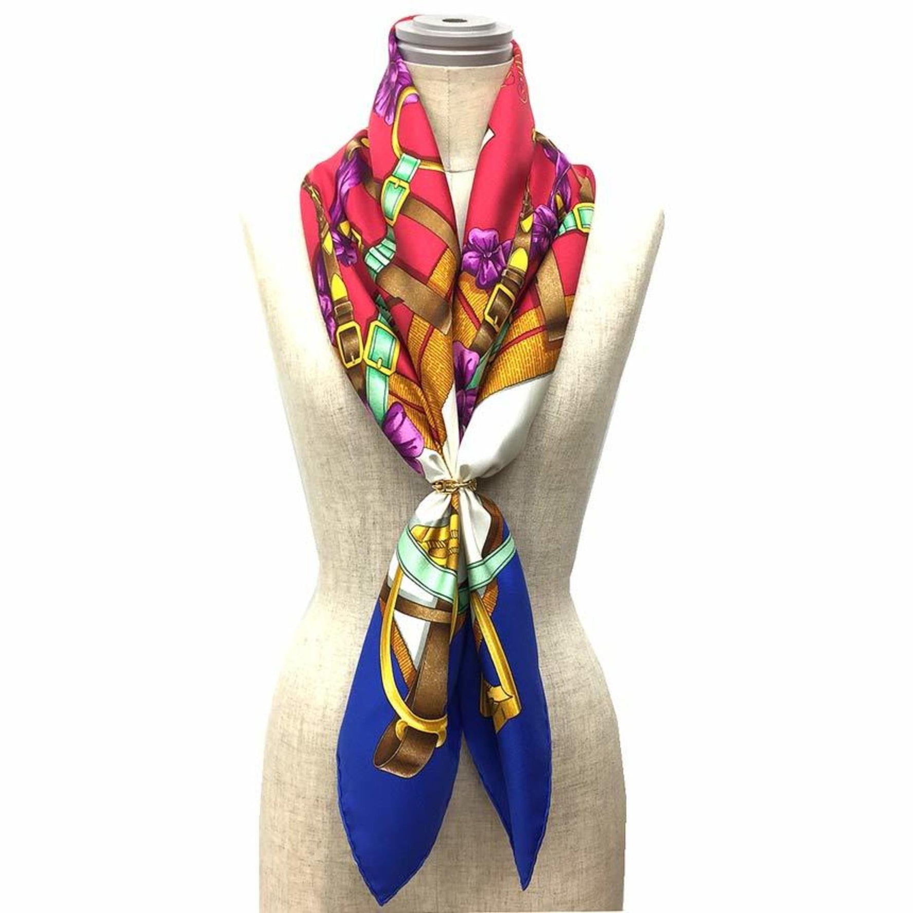 HERMES Carre 90 Scarf Muffler Grand Manege Great Training Technique Blue x Ivory Red 100% Silk