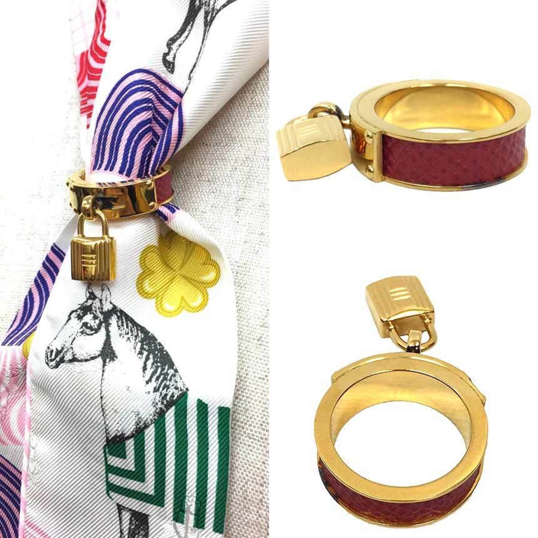 Hermes Kelly Cadena Scarf Ring Red x Gold H Muffler