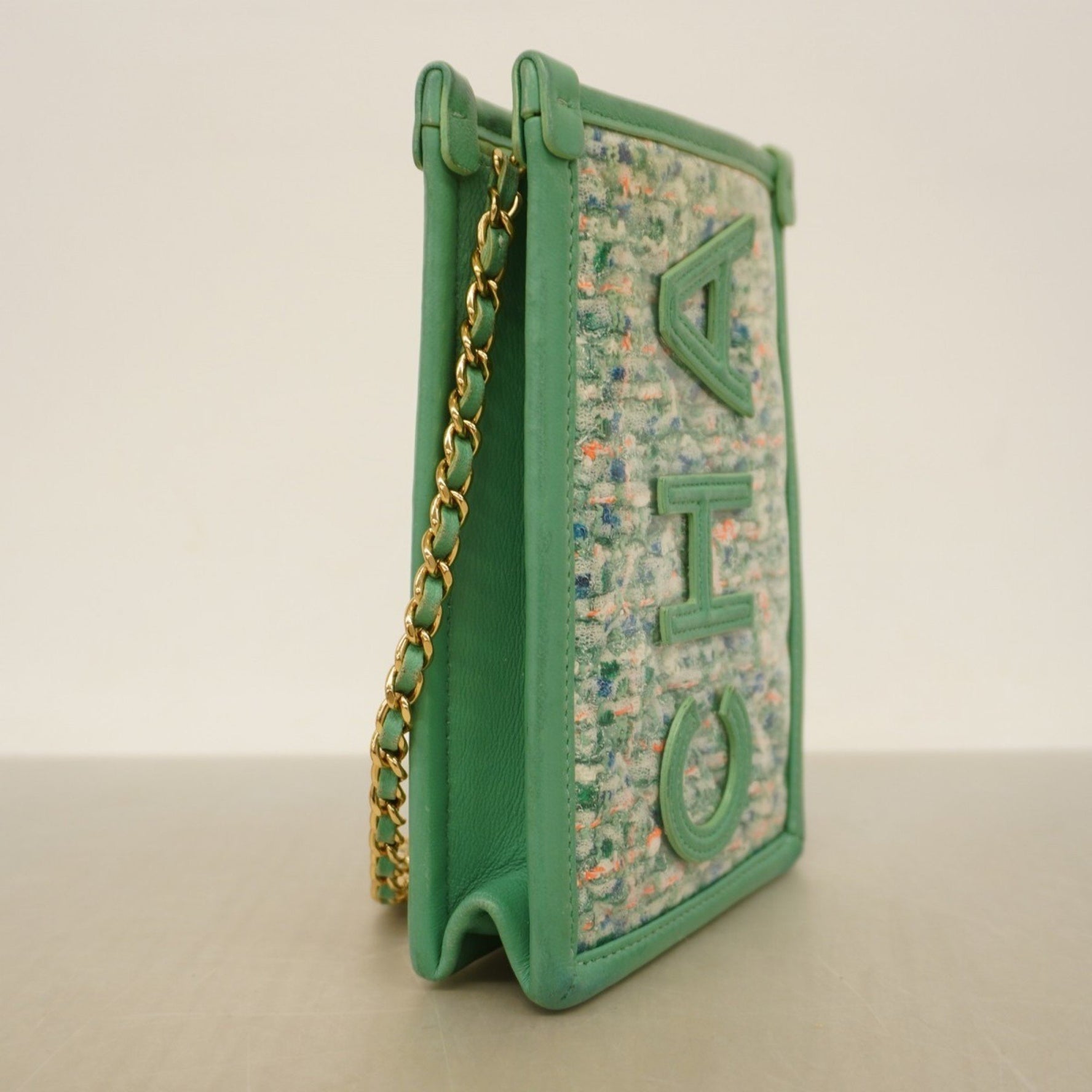 Chanel Shoulder Bag Chain Leather Tweed Vinyl Champagne