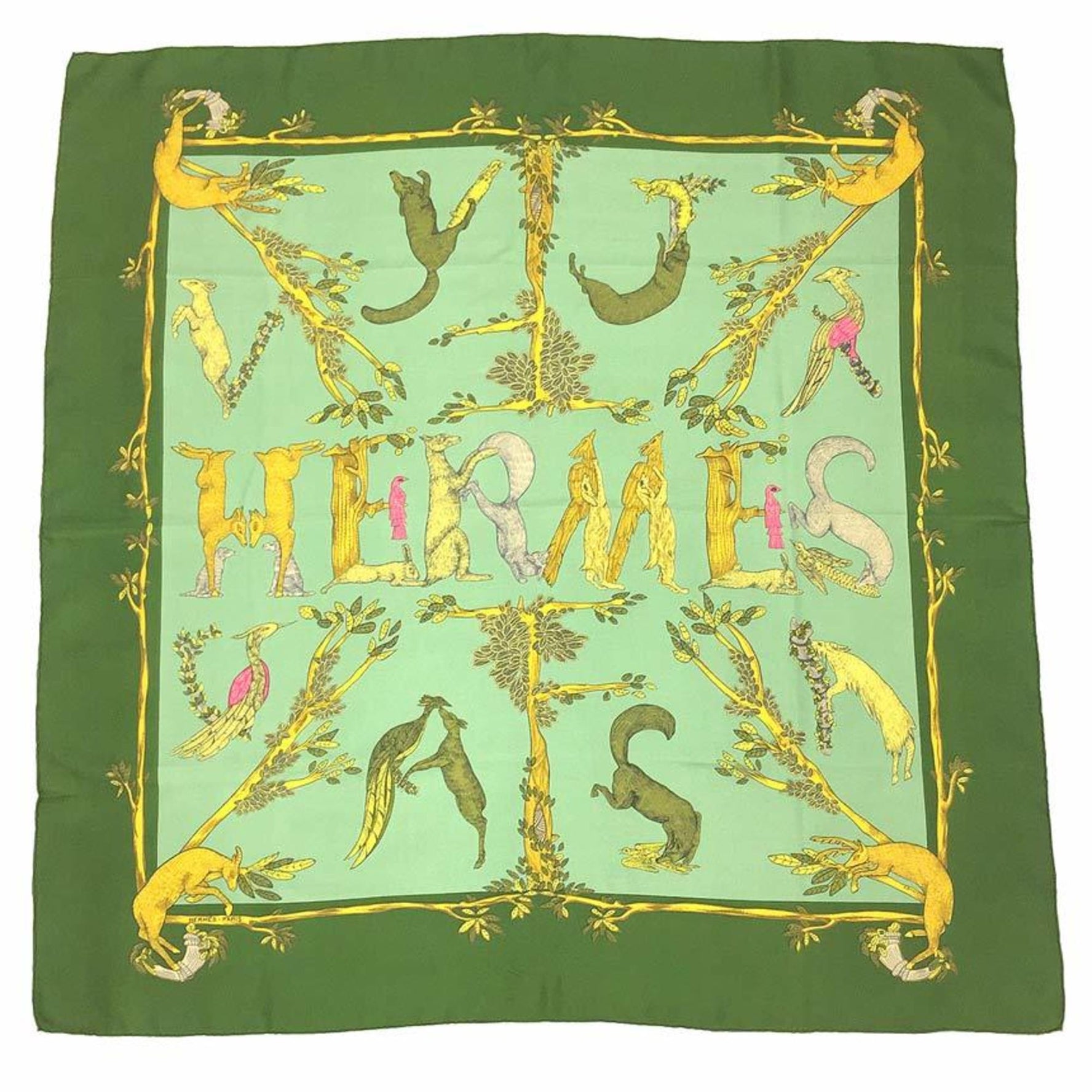 HERMES Carre 90 Scarf Muffler ANIMAL ALPHABET Animal Alphabet Forest Animals Khaki Green