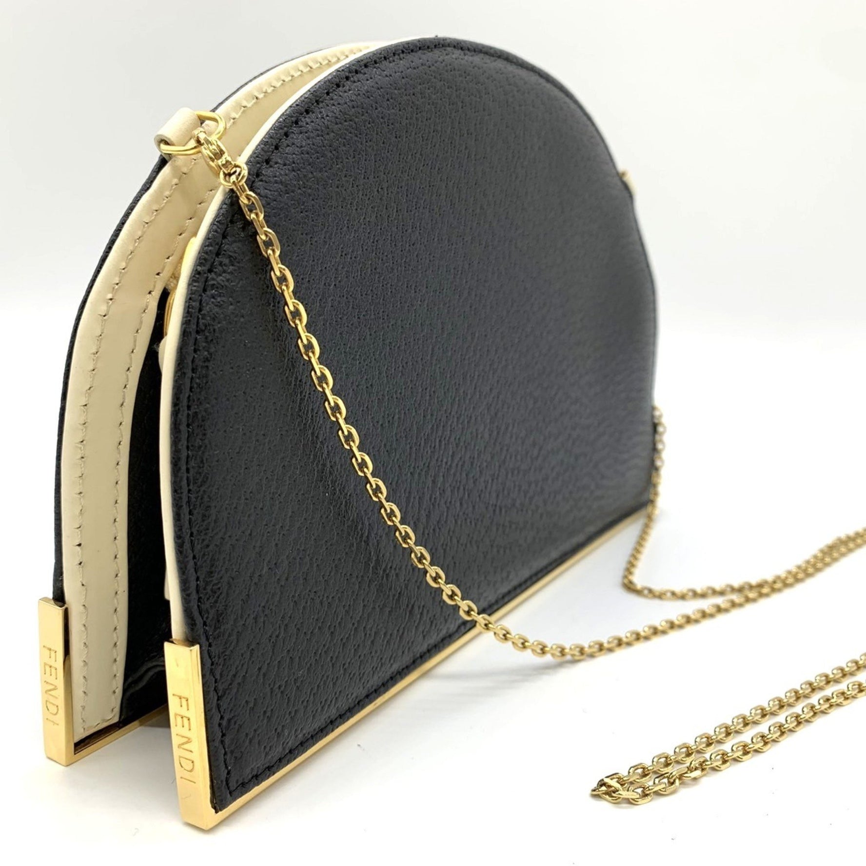FENDI 2321 Chain Shoulder Bag Half Moon Black/White Leather