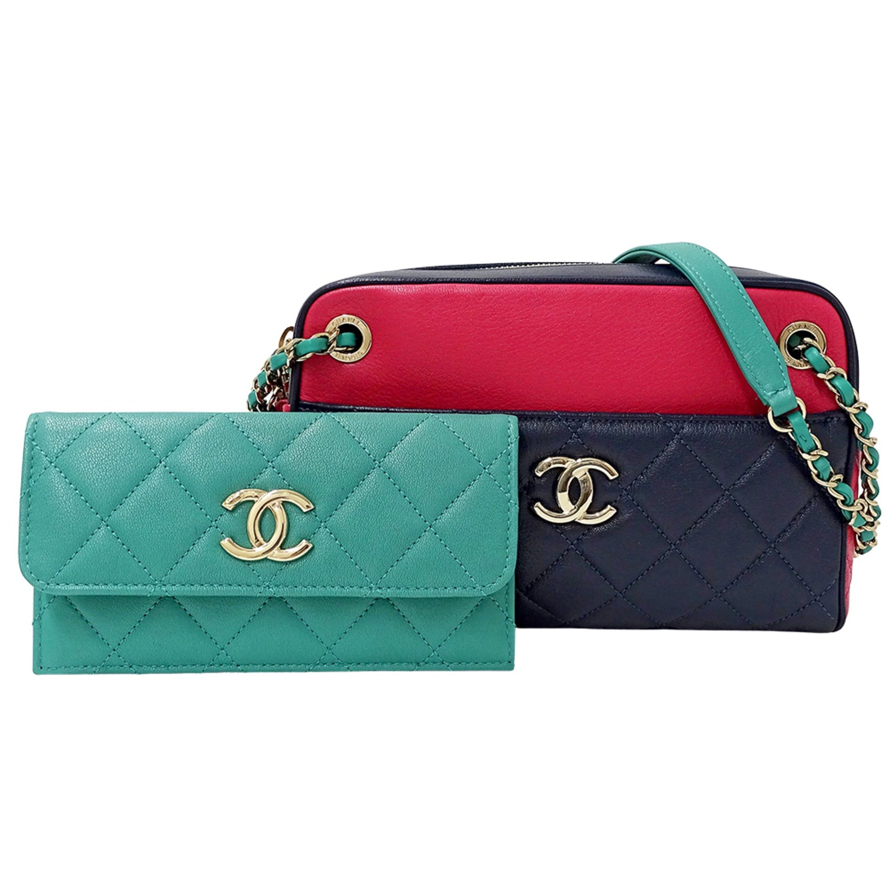CHANEL Matelasse Shoulder Bag, Camera Leather Tricolor, Blue, Pink, Green, Gold Hardware, Chain Mini Small