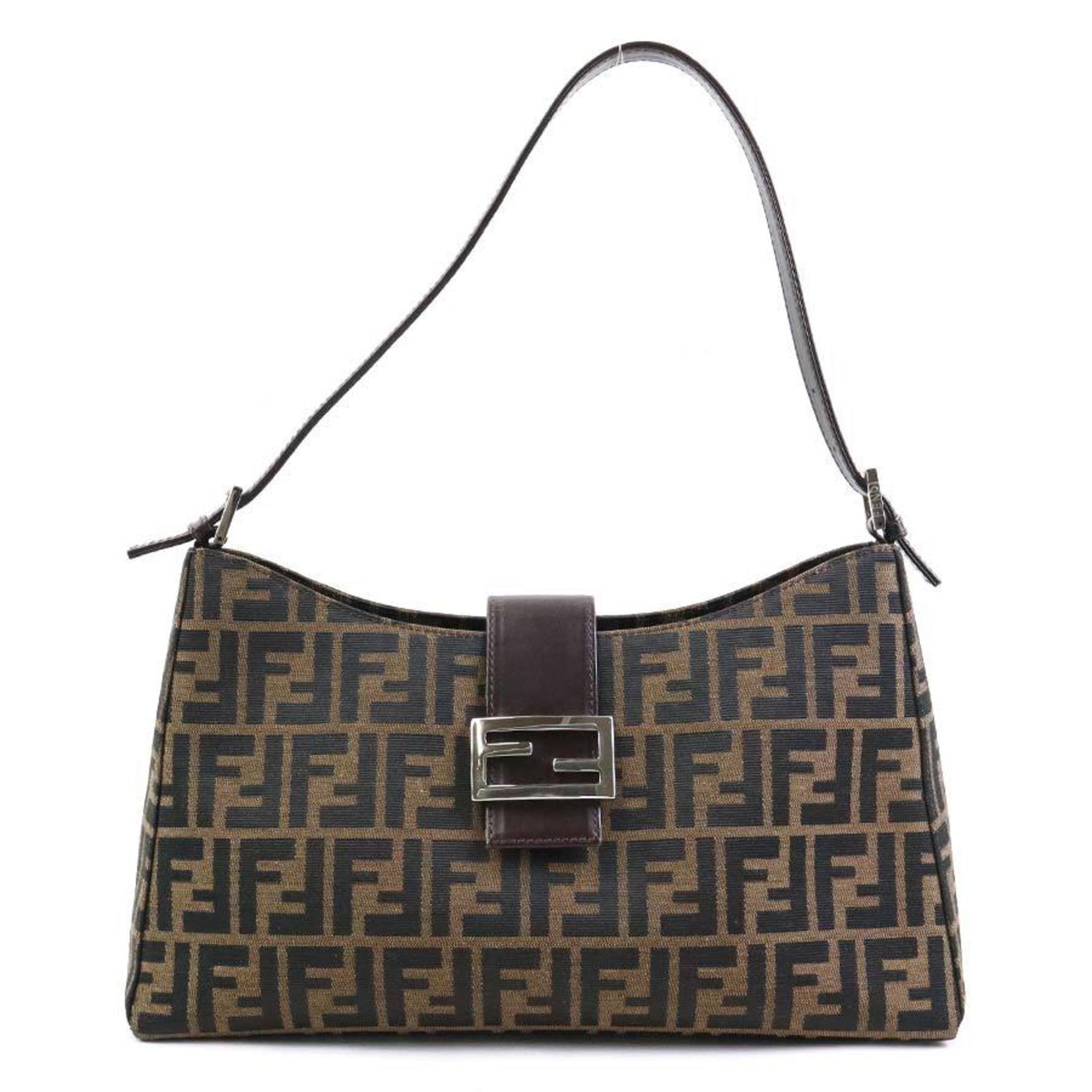 FENDI Shoulder Bag Zucca Canvas Leather Silver
