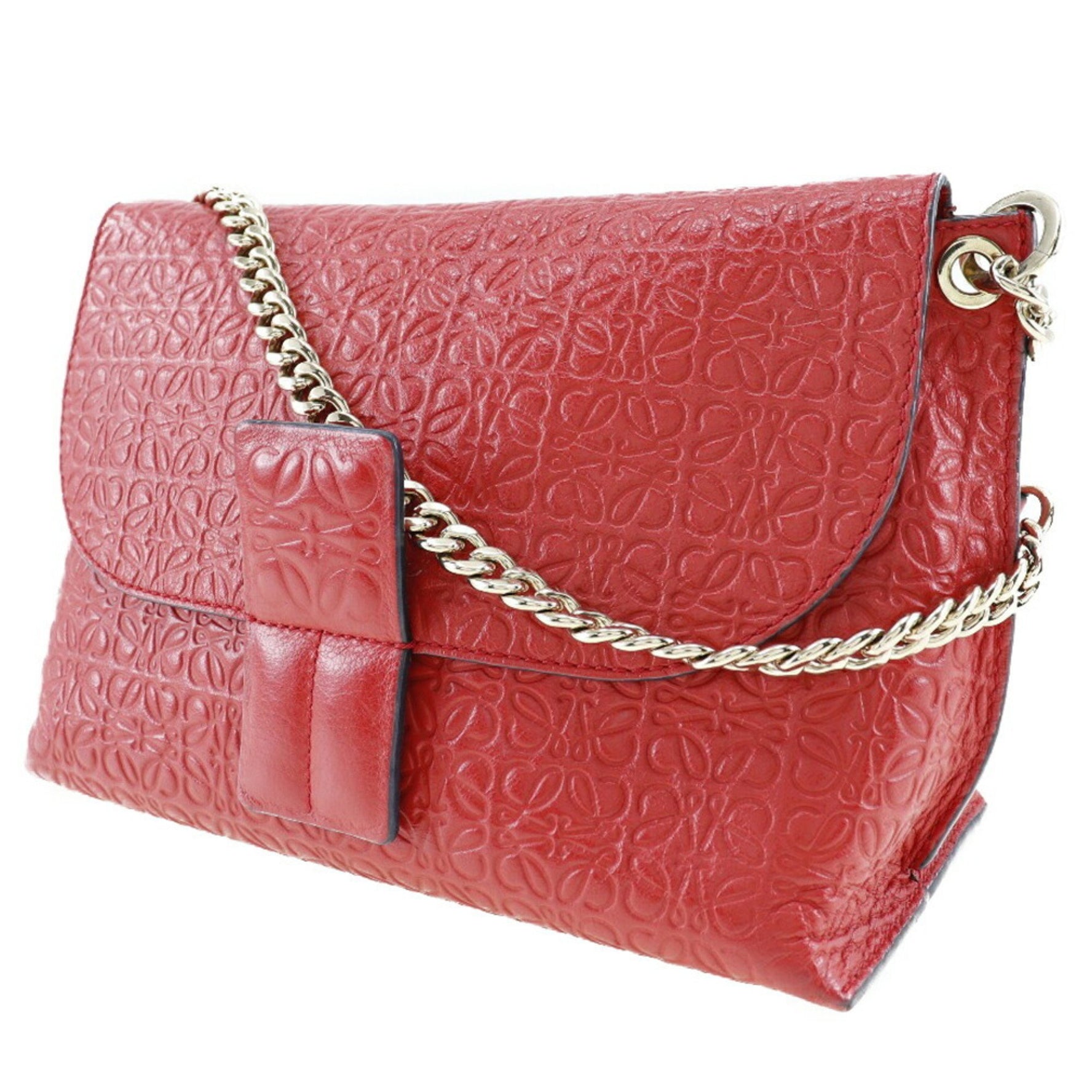 LOEWE Avenue Shoulder Bag Repeat Anagram Chain Calf Made in Spain Red Crossbody Magnetic Type