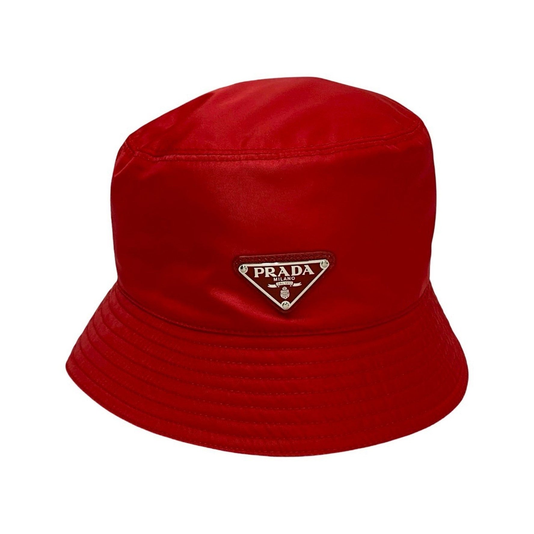 PRADA Re-Nylon Bucket Hat with Triangle Logo and Metal Fittings, Size Small, Red