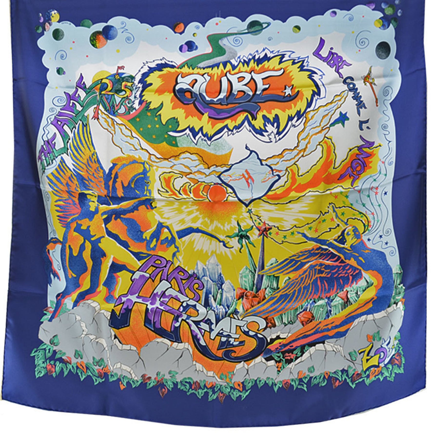 Hermes Scarf Carre 90 THE ALFEE Anniversary AUBE LIBRE COMME L'ANGE Dawn Navy Yellow Multi Silk Ladies