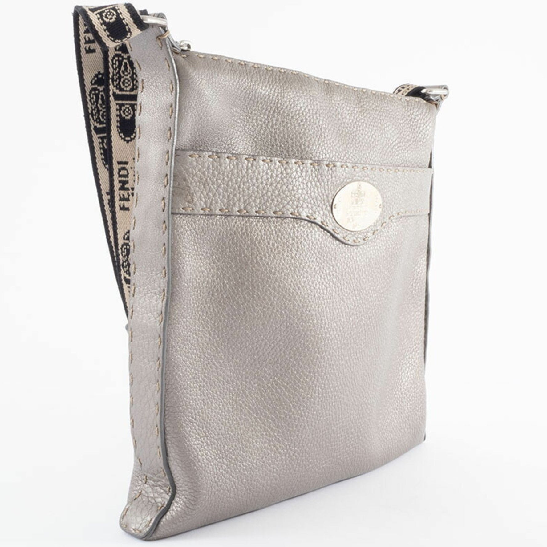 FENDI Selleria Shoulder Bag in Grey Metallic Leather