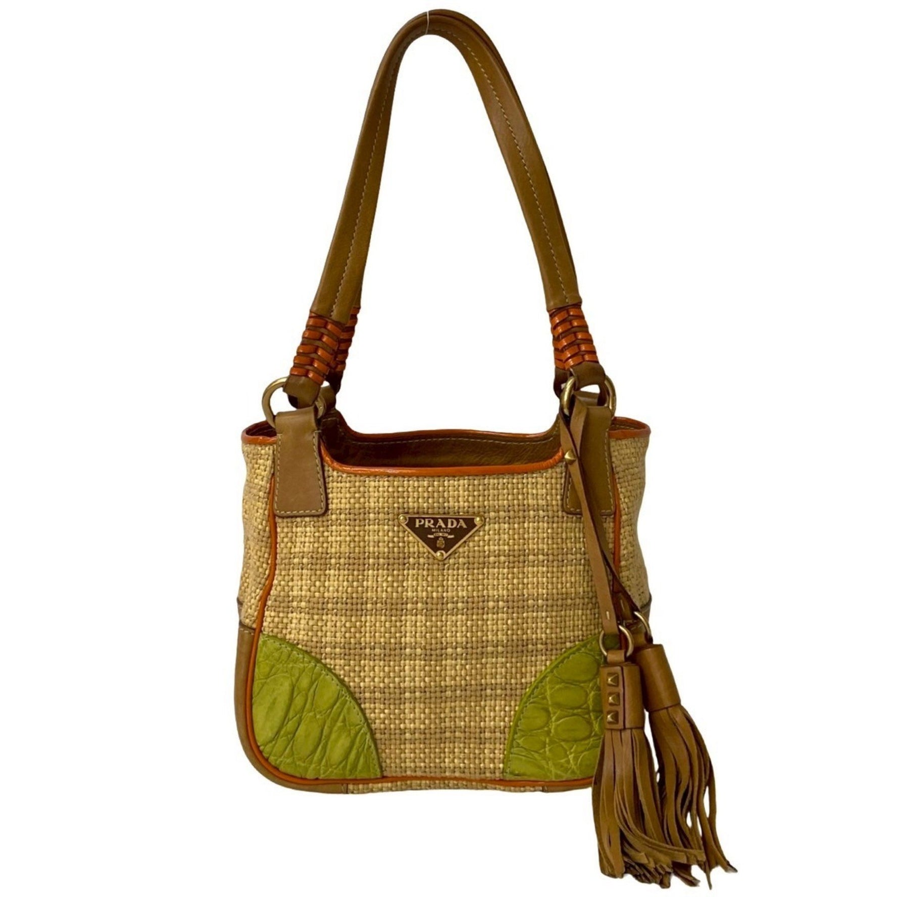 Prada Triangle Logo Hardware Raffia Leather Studs Tassel Handbag Mini Tote Bag Beige