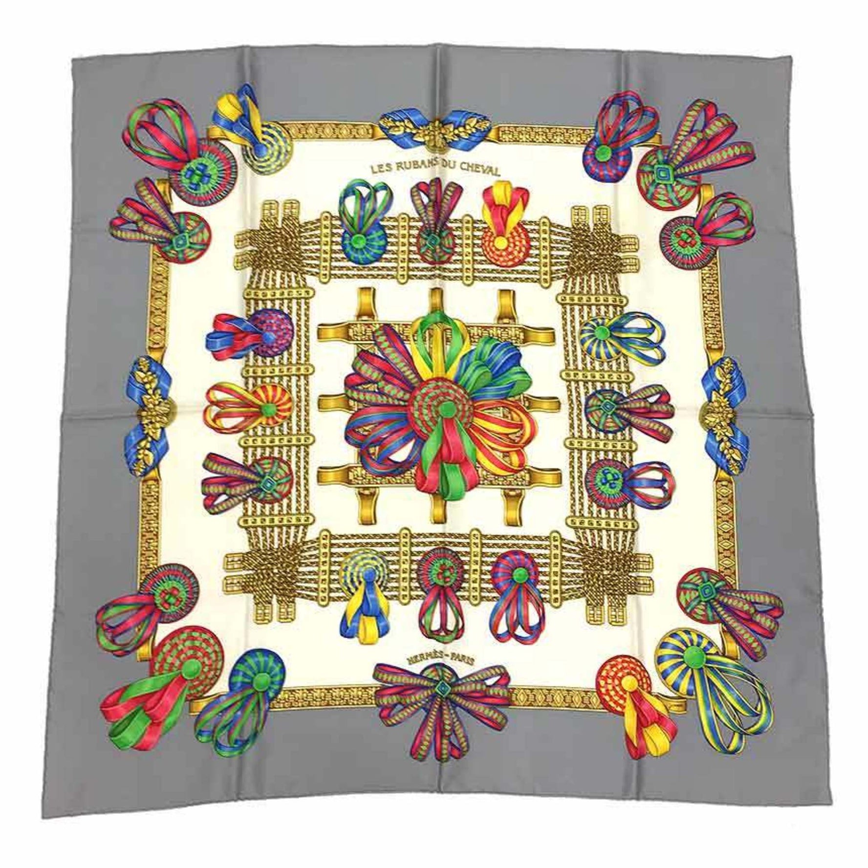 HERMES Carre 90 Scarf Muffler LES RUBANS DU CHEVAL Horse Ribbon Ivory/Gray 100% Silk