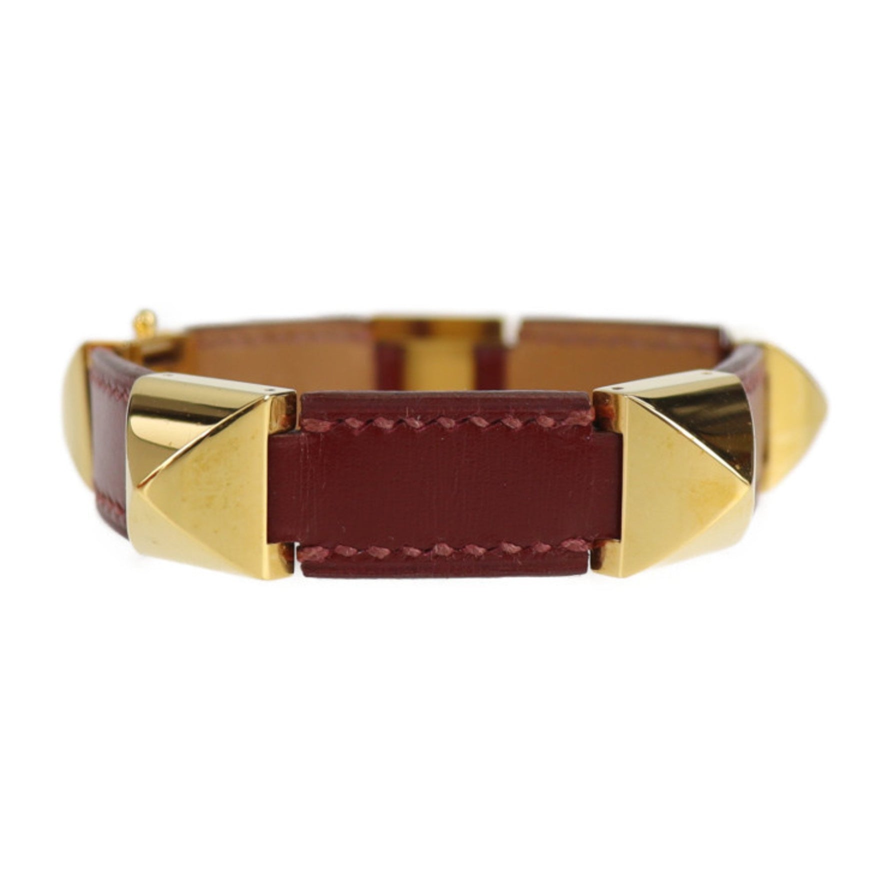 HERMES Medor Studs Bracelet Leather Red Gold 〇V Engraved Metal Fittings Vintage