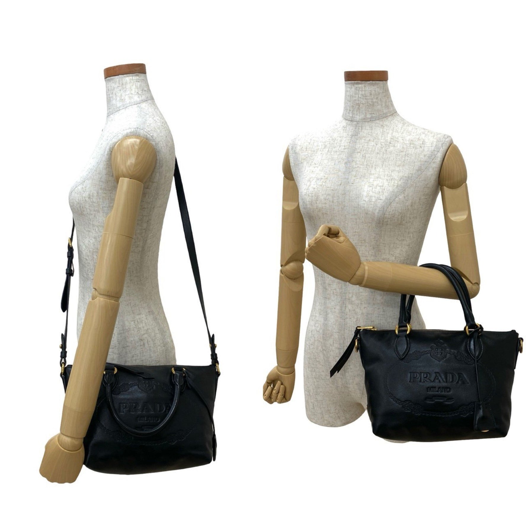 PRADA Logo Embossed Calfskin Leather Handbag, Mini Boston Bag, Shoulder