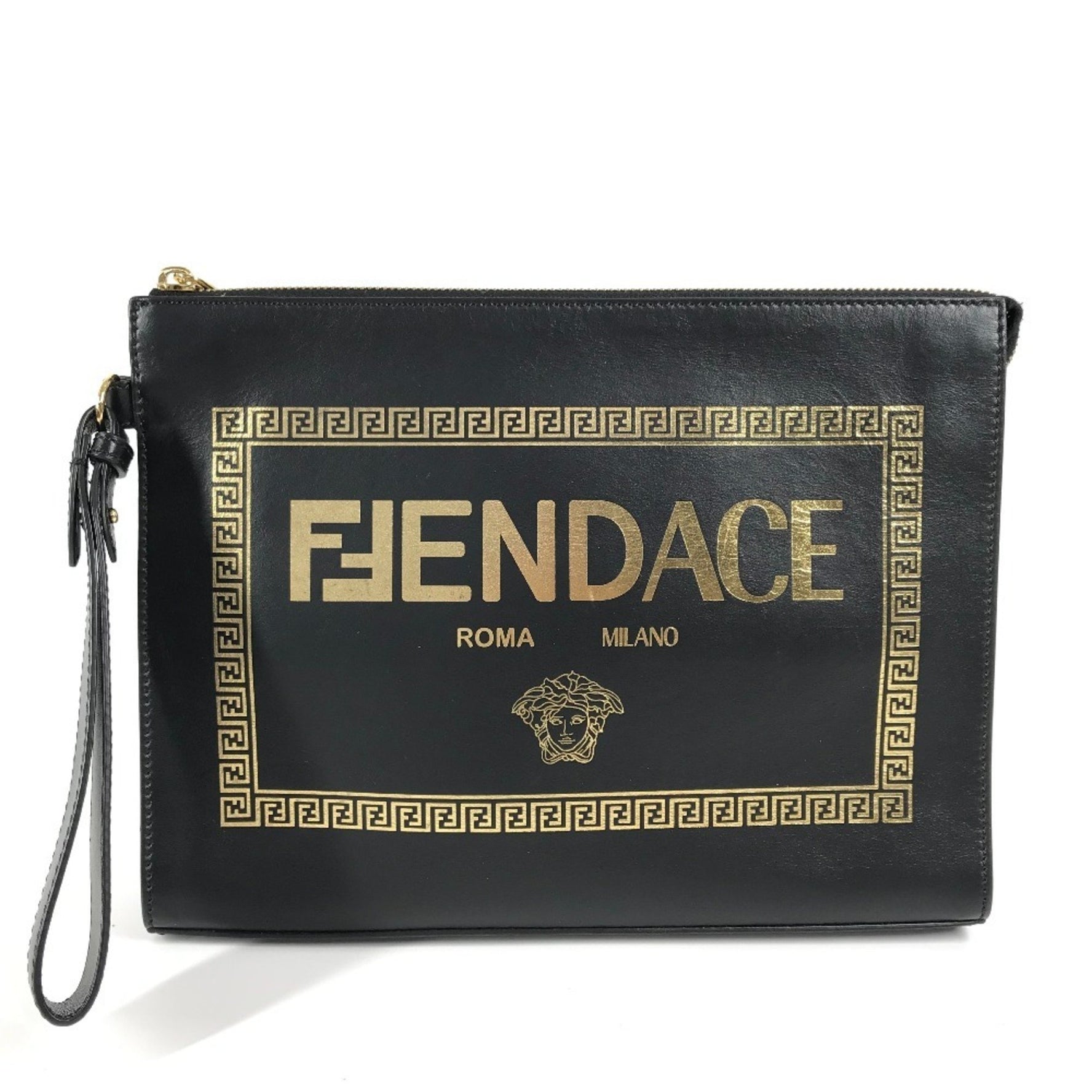FENDI Versace collaboration Fendace logo FENDACE pouch with strap, bag, clutch leather, men's, black