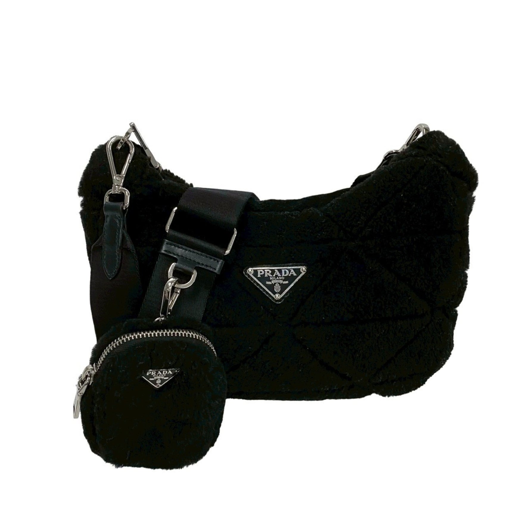 PRADA triangle logo metal hardware mouton fur nylon leather shoulder bag pochette sacoche 908-5
