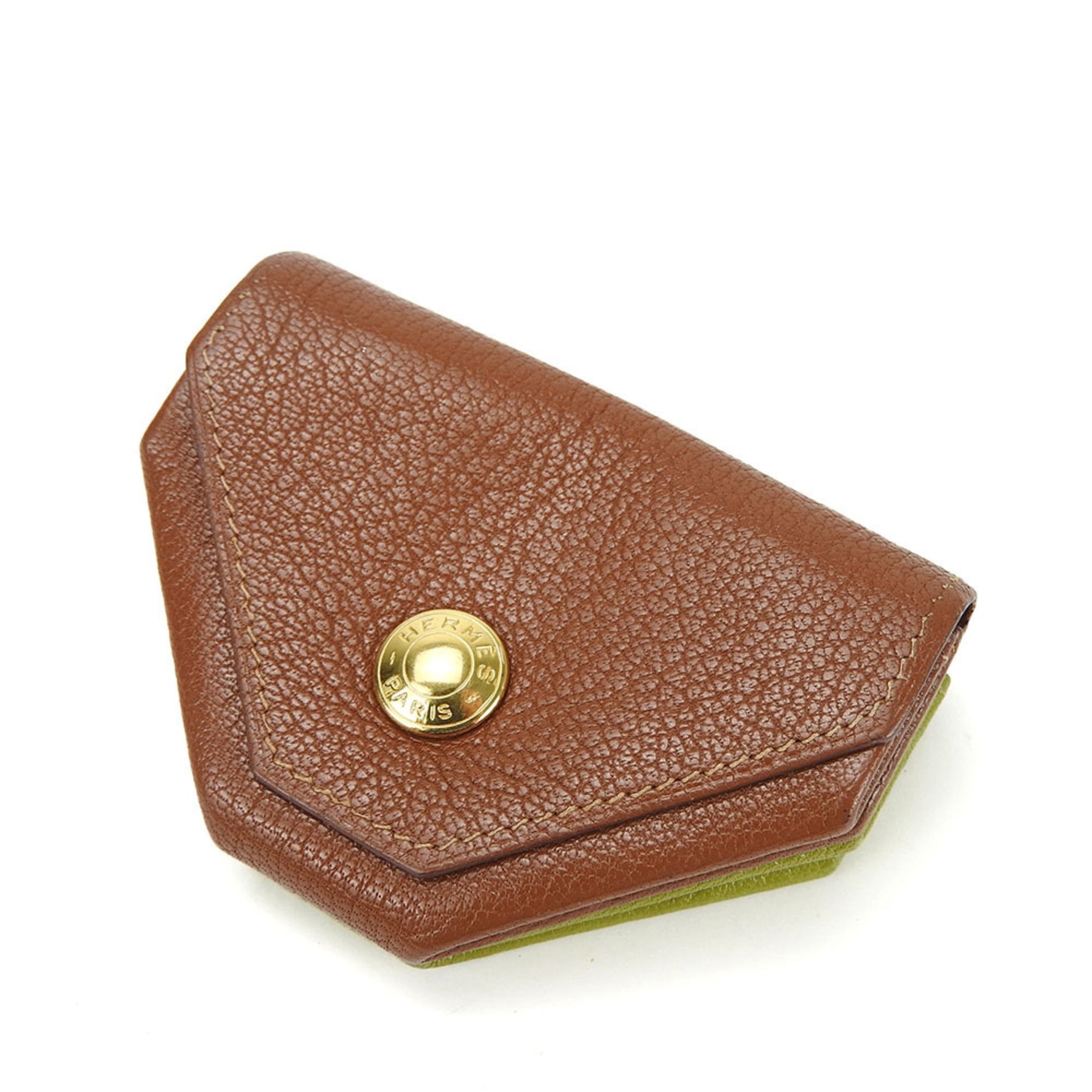 Hermes Coin Case Purse Le Van Quatre □F Engraved Double Face Chevre Leather Green Brown Accessory Women Men 9527