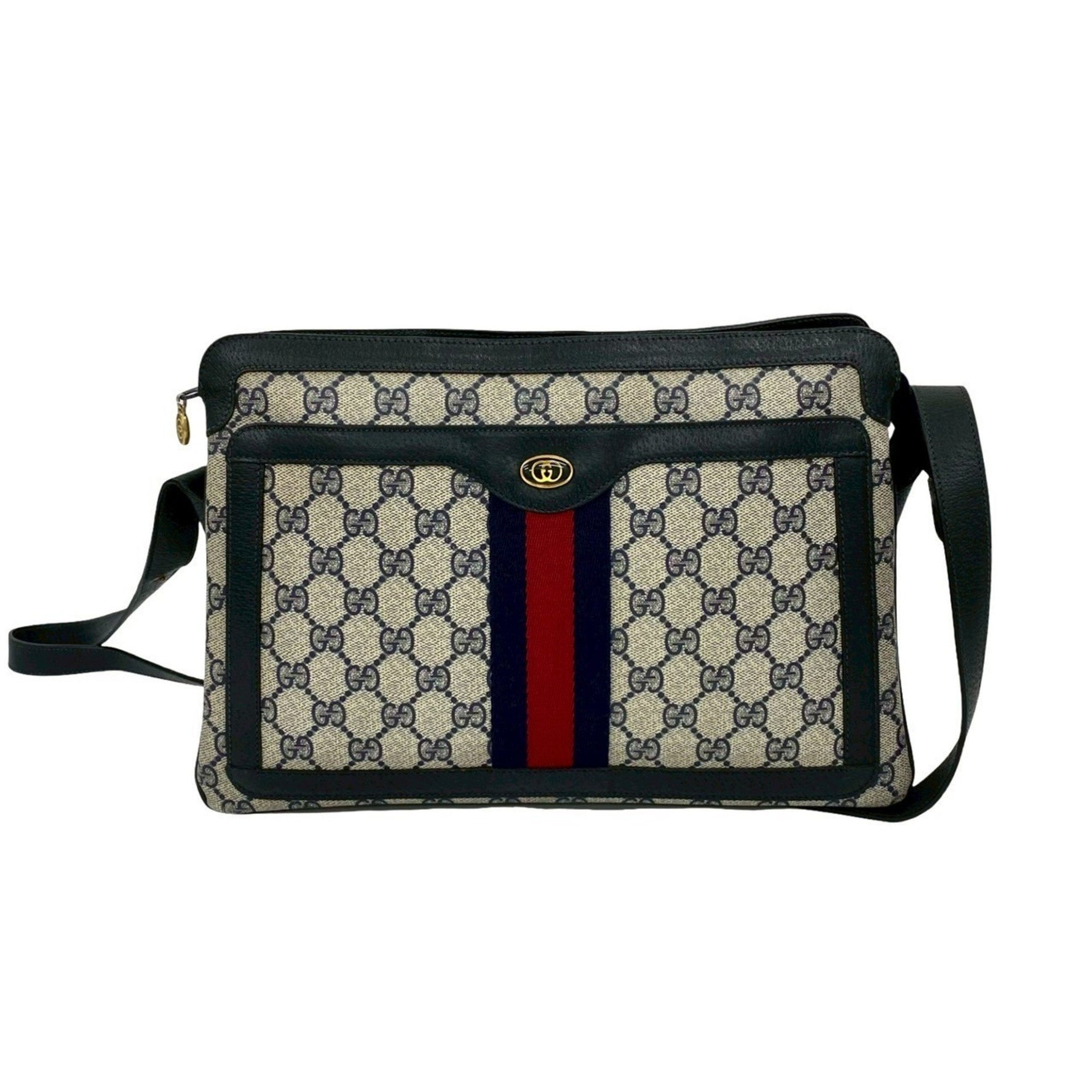GUCCI Vintage Sherry Line GG Logo Hardware Leather Shoulder Bag Navy 509-8