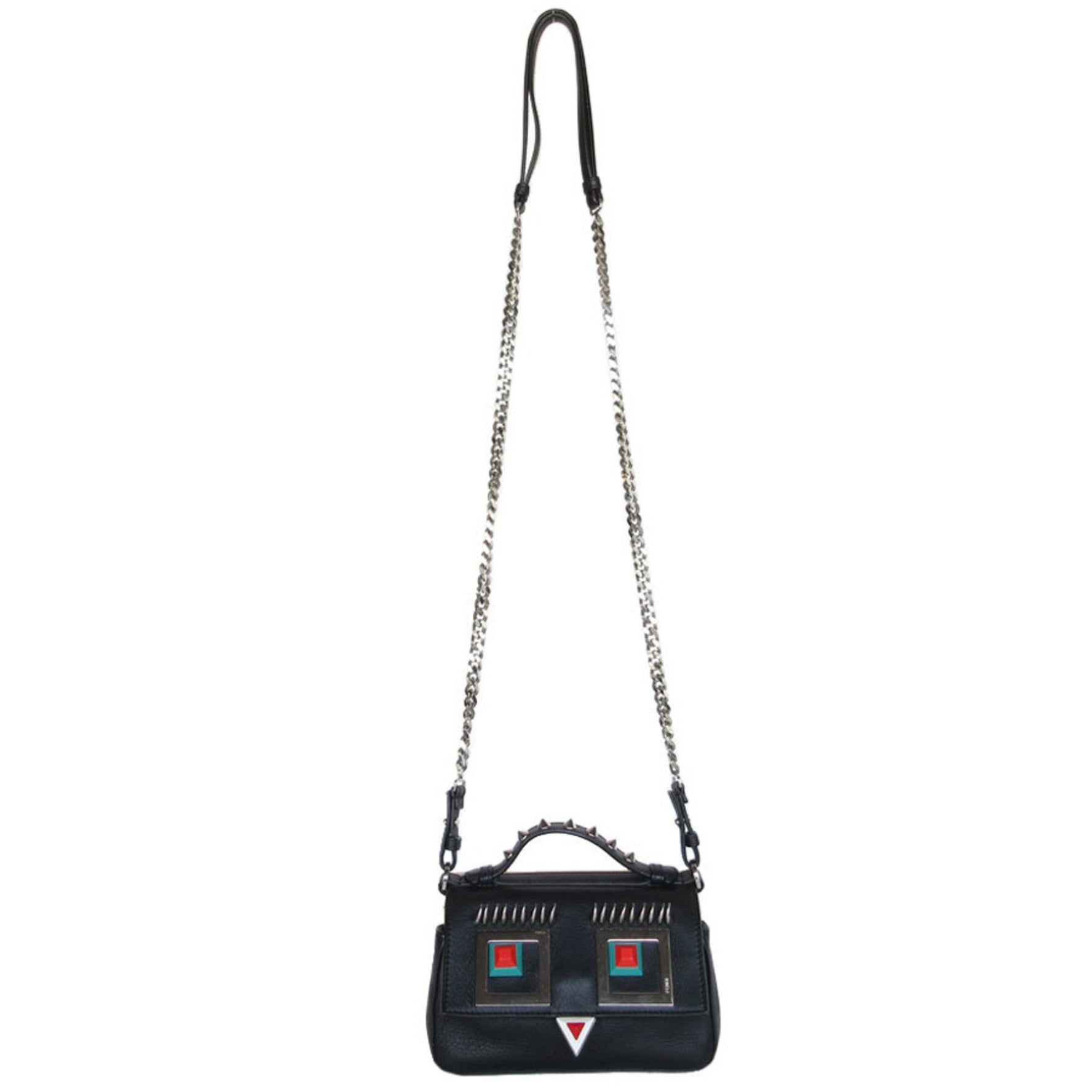FENDI Shoulder Bag Handbag Double Micro Baguette Leather Metal Black Yellow Beige Silver