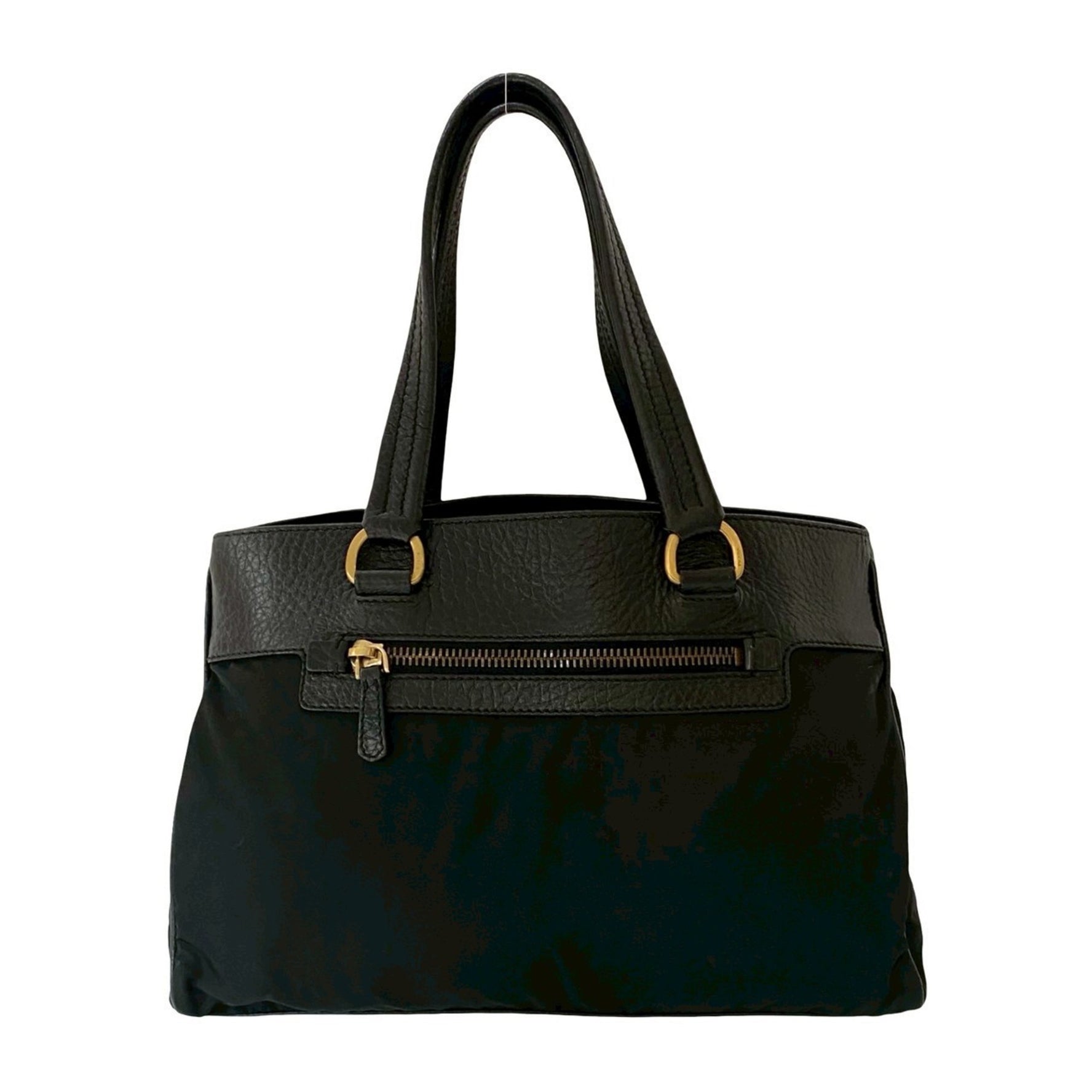 PRADA Triangle Logo Hardware Leather Genuine Nylon Handbag Tote Bag