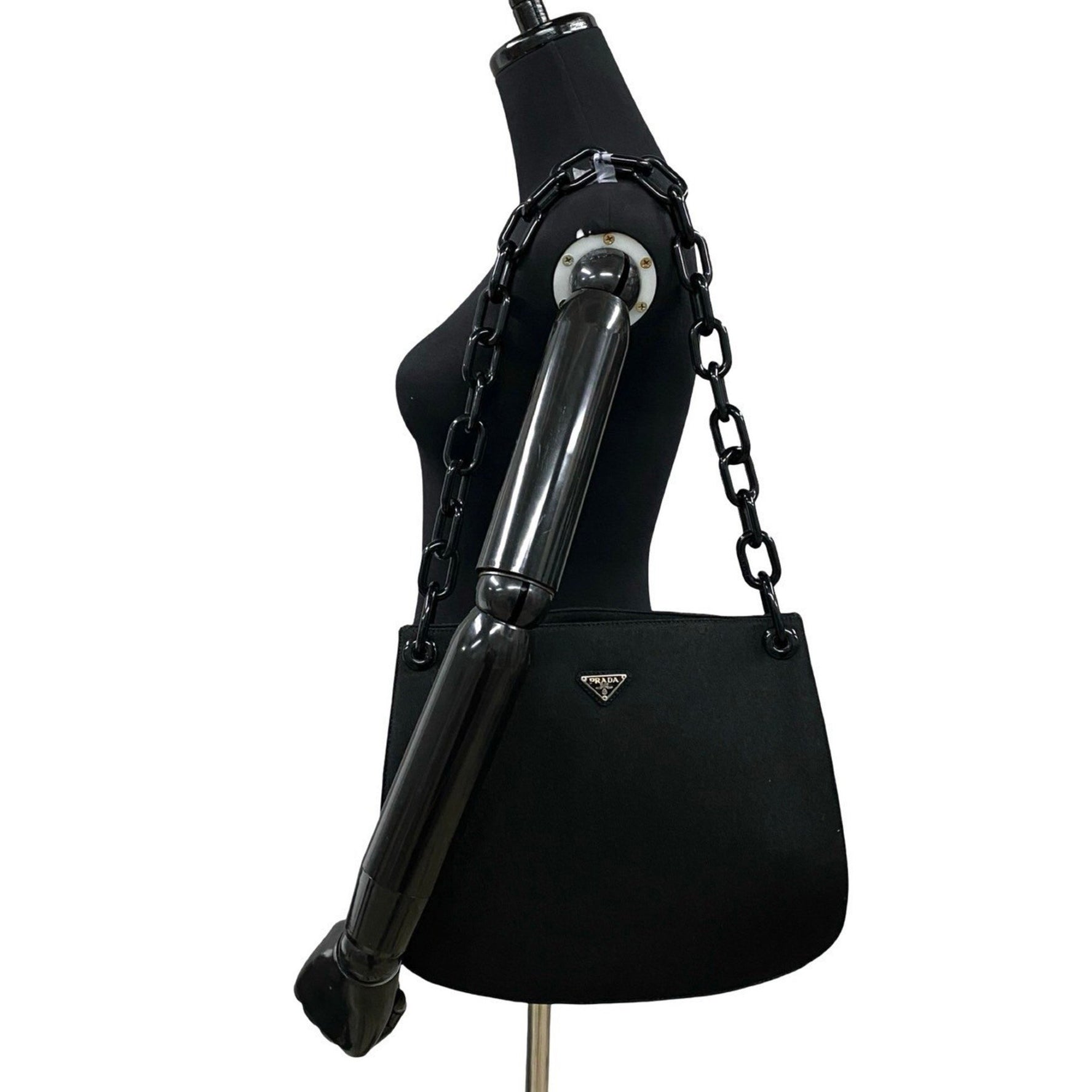 PRADA Triangle Logo Canvas Plastic Chain Semi Shoulder Bag Tote