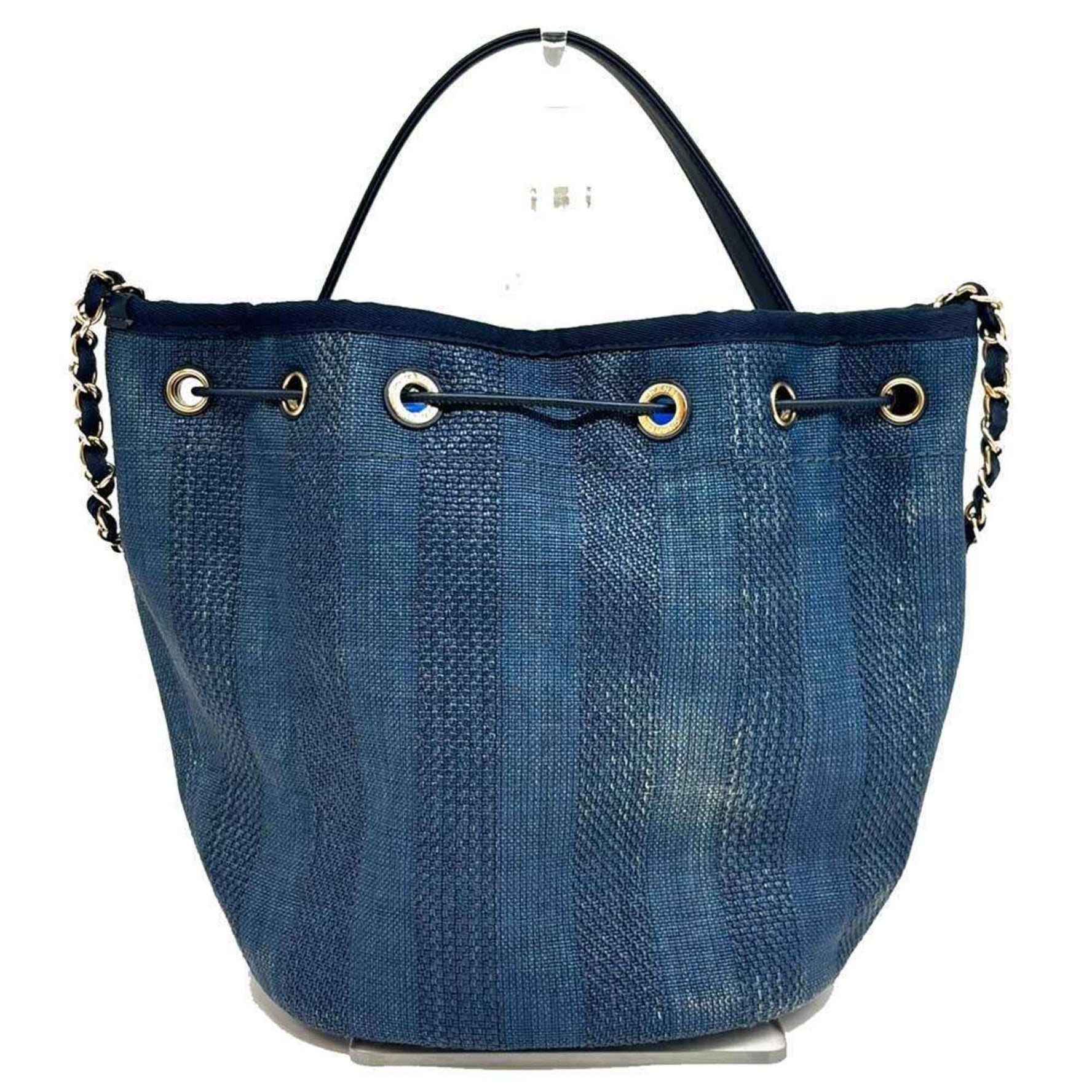 CHANEL Deauville Shoulder Bag Raffia x Leather Drawstring Indigo
