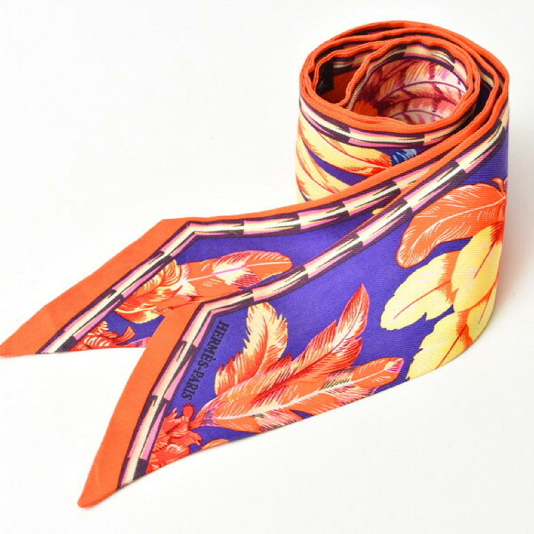 Hermes Twilly Scarf Muffler Silk Twill Feather Motif Purple Orange Multi