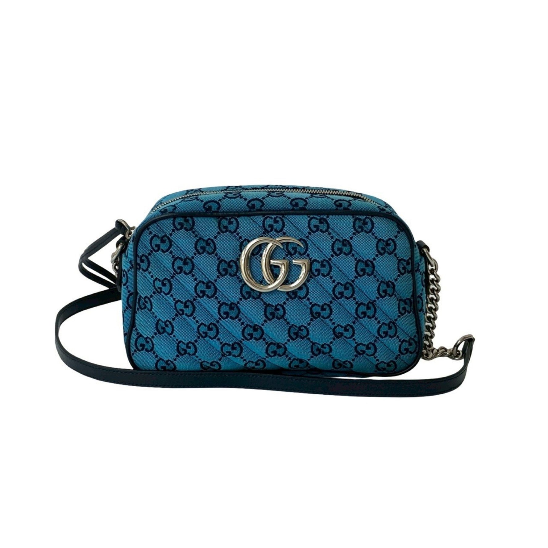 GUCCI GG Marmont Canvas Leather Chain Shoulder Bag Pochette Sacoche Blue Navy