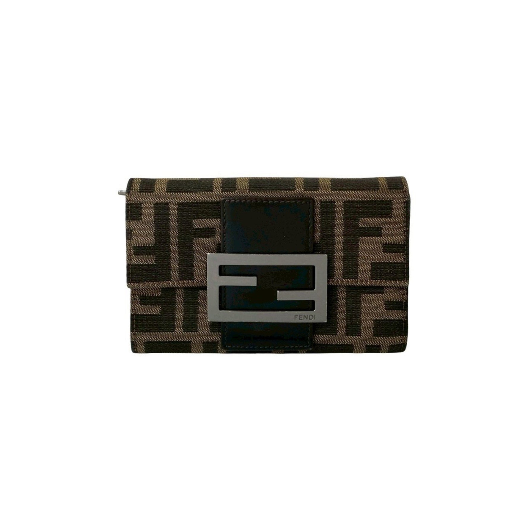 FENDI Zucca FF logo pattern metal hardware canvas and leather bifold wallet/coin case brown