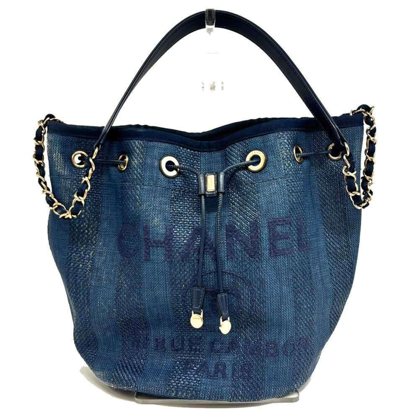 CHANEL Deauville Shoulder Bag Raffia x Leather Drawstring Indigo