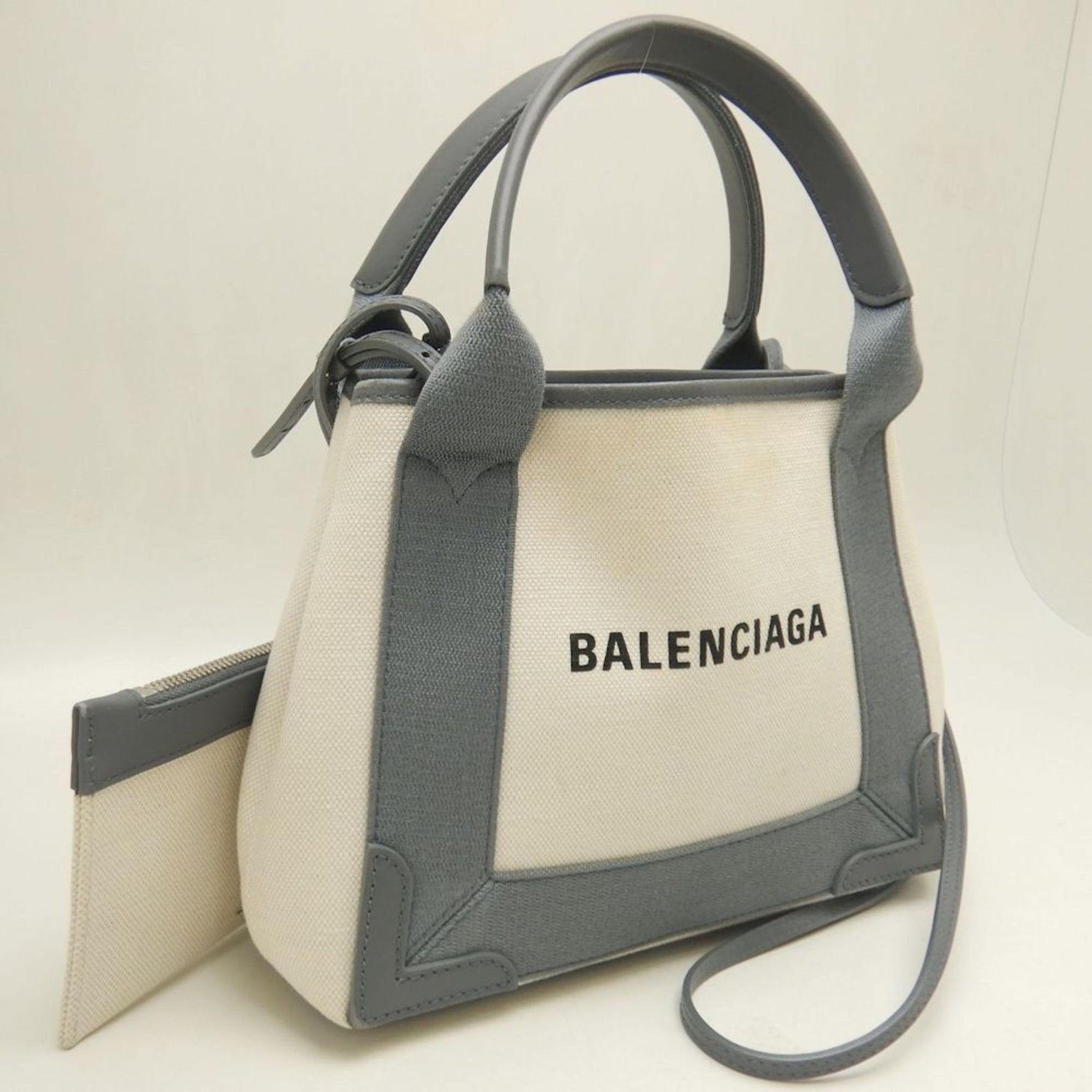 BALENCIAGA Cabas XS Handbag in Canvas and Calfskin, Ivory Gray