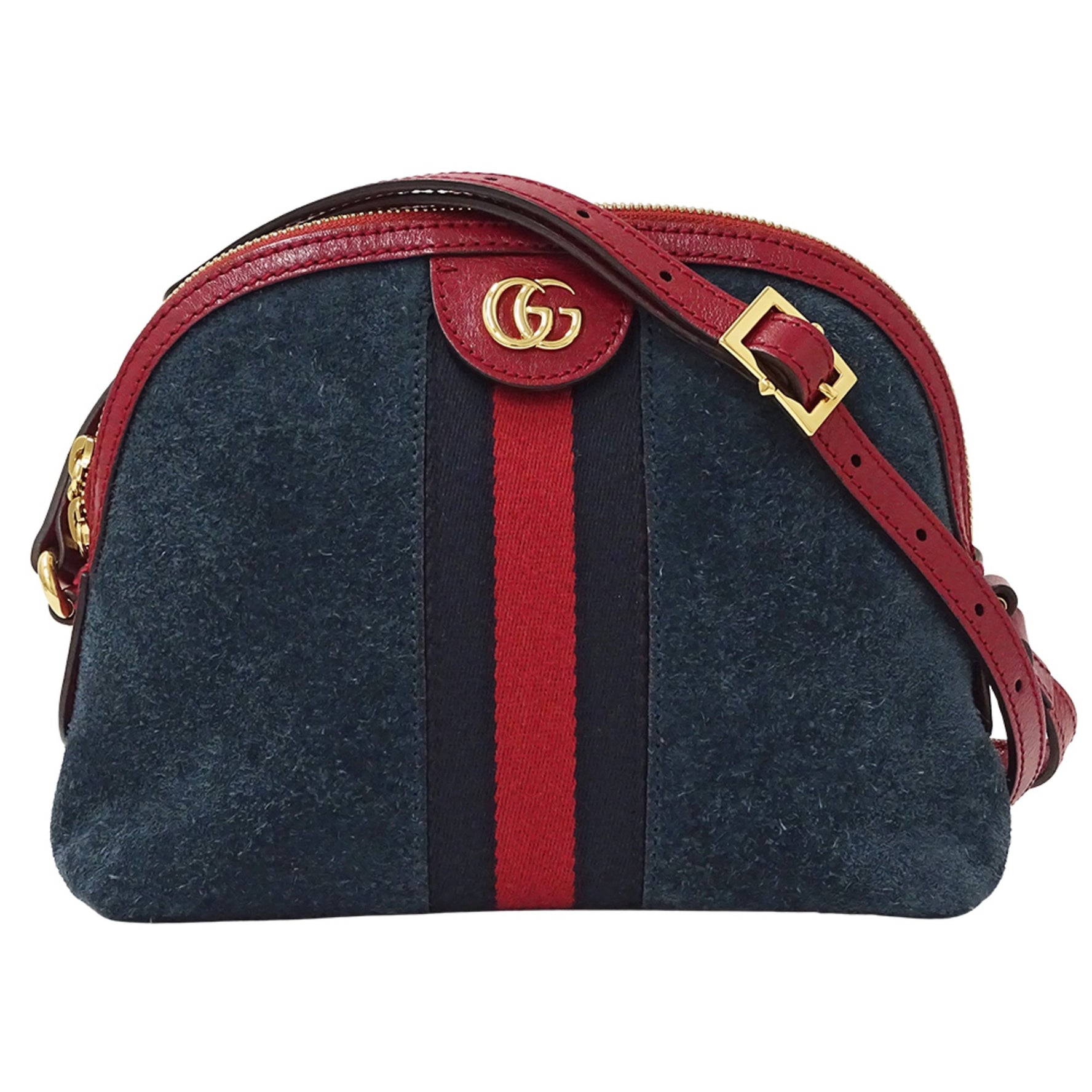 Gucci Ophidia Suede Shoulder Bag - Navy/Red. Small, crossbody mini bag.