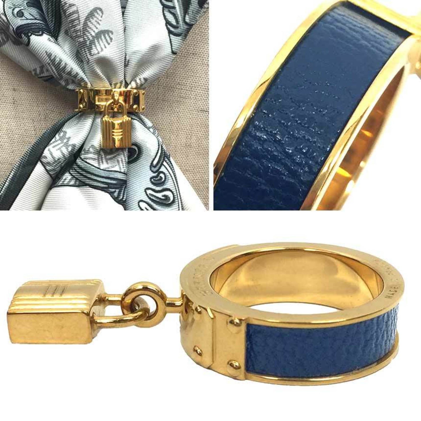 HERMES Kelly Cadena Scarf Muffler Ring Gold x Navy H Belt