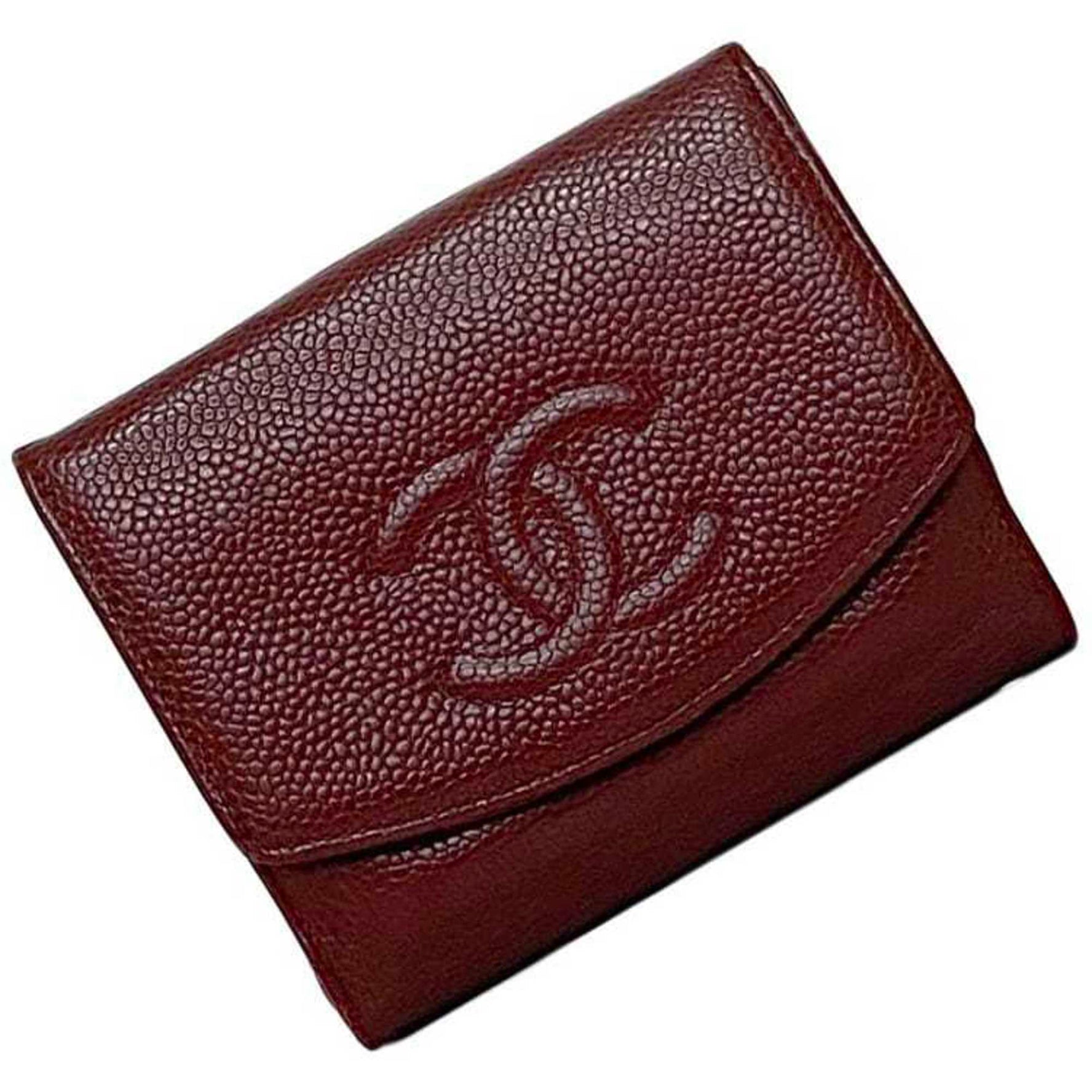 Chanel Bi-fold Wallet Red Coco Mark Compact Caviar Skin Leather Series Folding Flap Engraved Grained Calfskin
