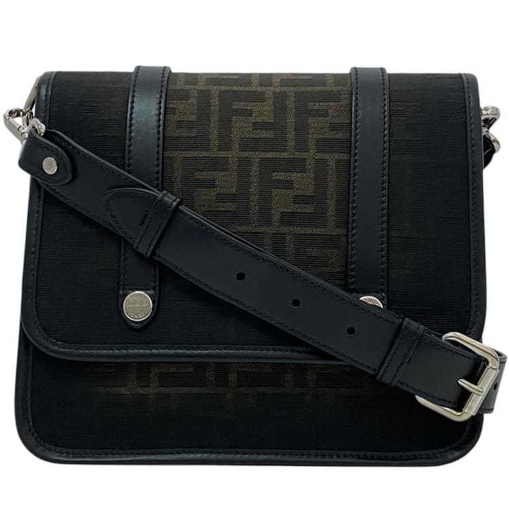 Fendi Shoulder Bag Black Khaki Zucca Canvas Leather 239-0059 Crossbody FF Flap