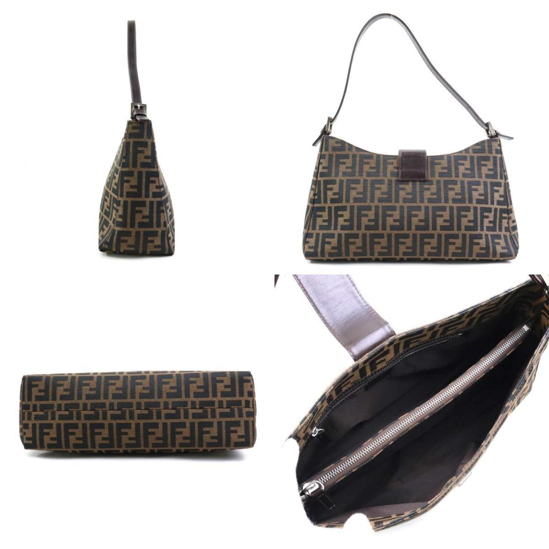 FENDI Shoulder Bag Zucca Canvas Leather Silver