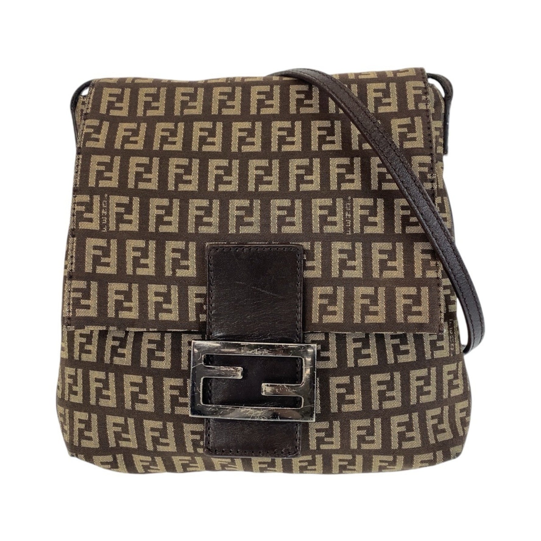 FENDI Zucchino Camse Pochette Silver Hardware Canvas Shoulder Bag