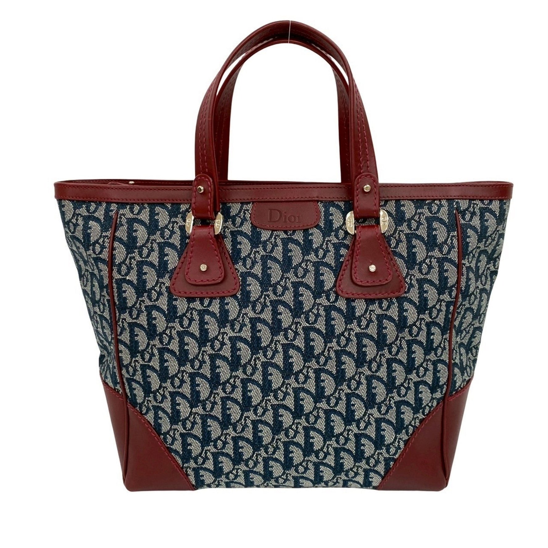 Christian Dior Logo Trotter Pattern Canvas Leather Handbag Tote Bag in Bordeaux and Navy (Product Code: