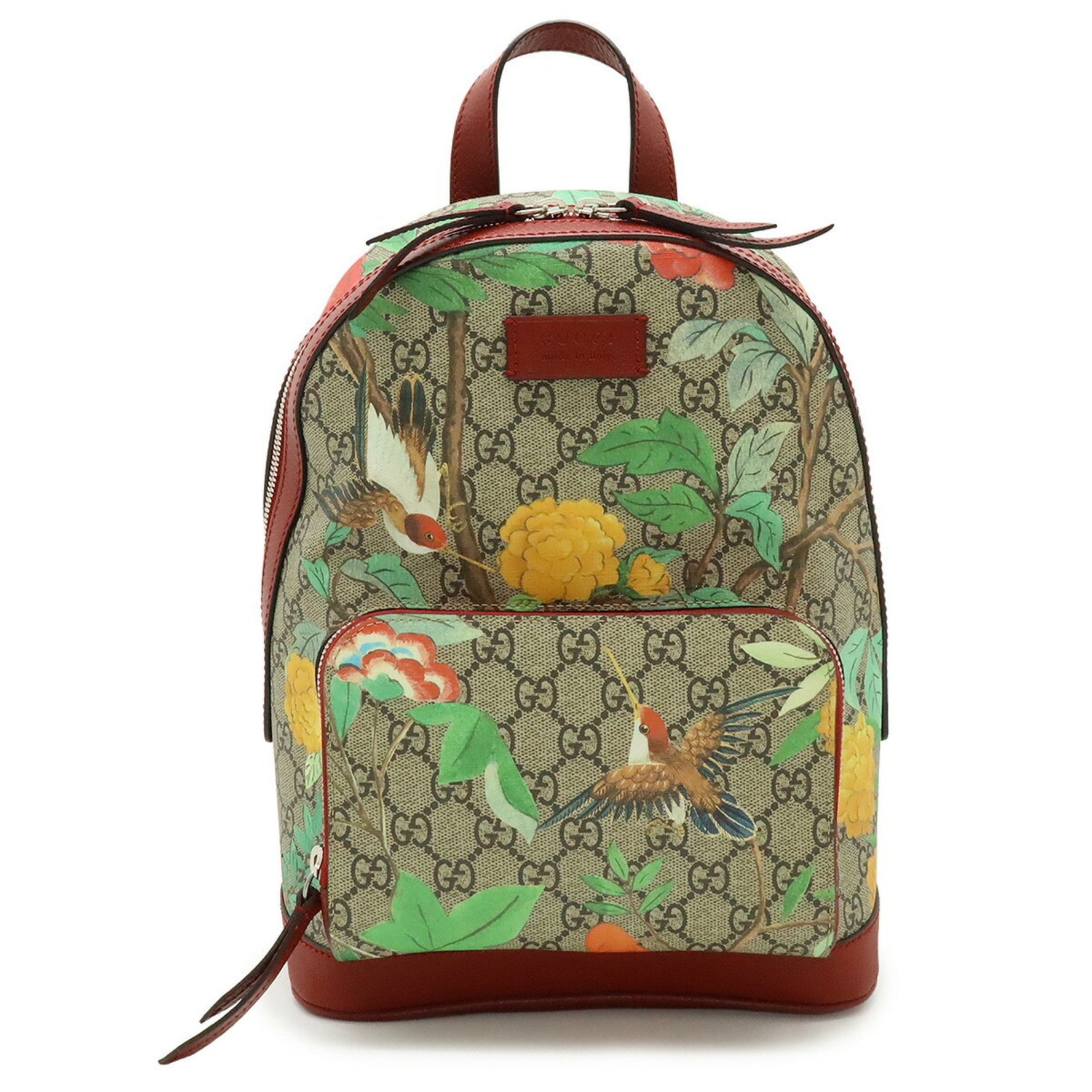GUCCI Tian GG Supreme Backpack, Flower Bird Design, PVC and Leather, Beige, Red, Multicolor