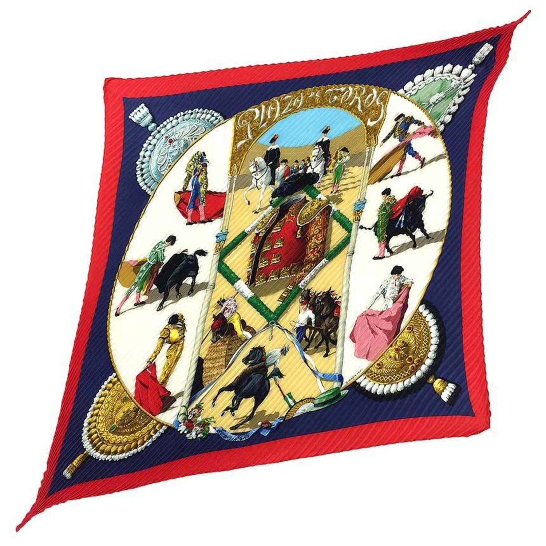 HERMES Pleated Scarf Carré 90 PLAZA DE TOROS Bullring 100% Silk Muffler
