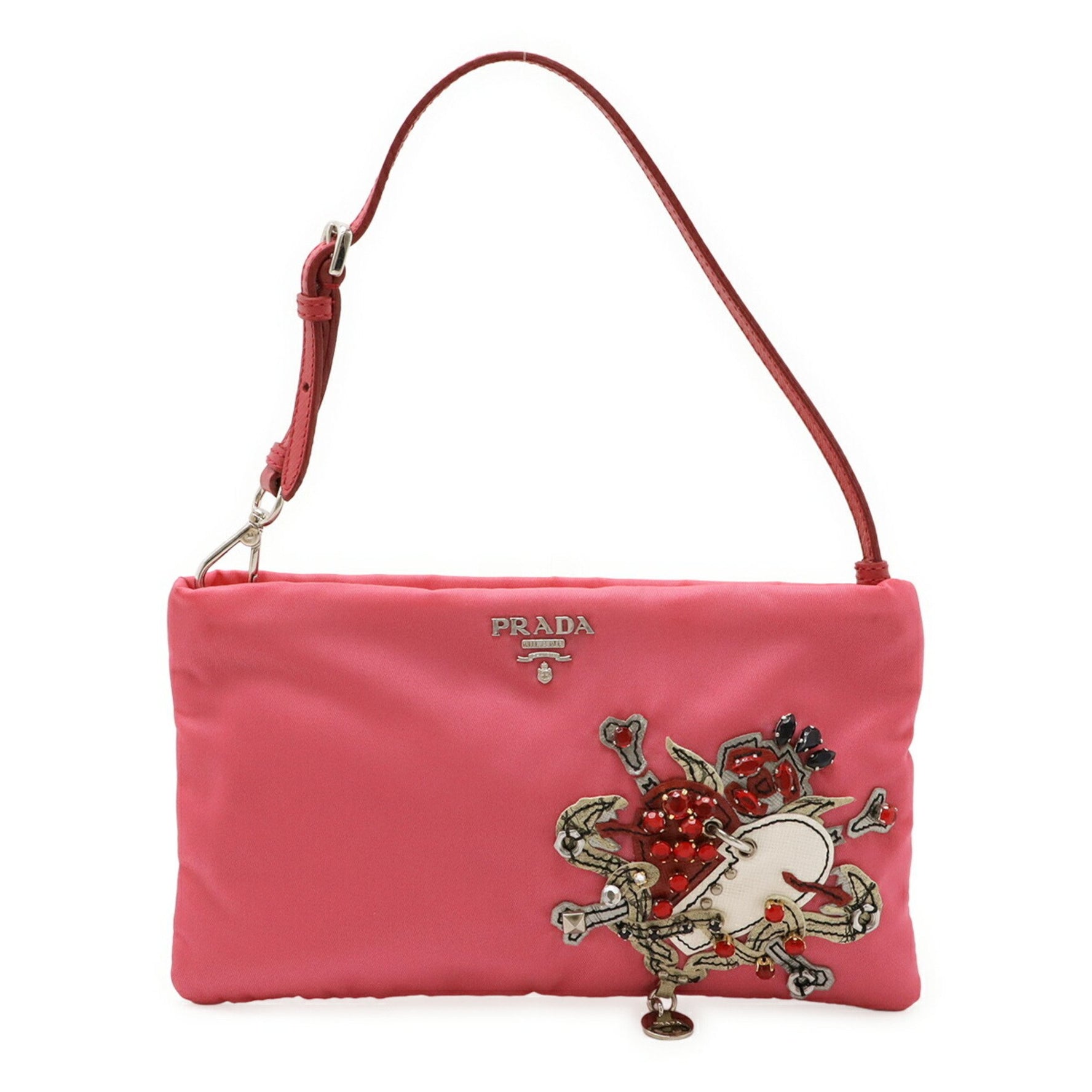 Prada Tessuto Tattoo Pouch Handbag - Heart Motif Nylon with Beads, PEONIA Pink