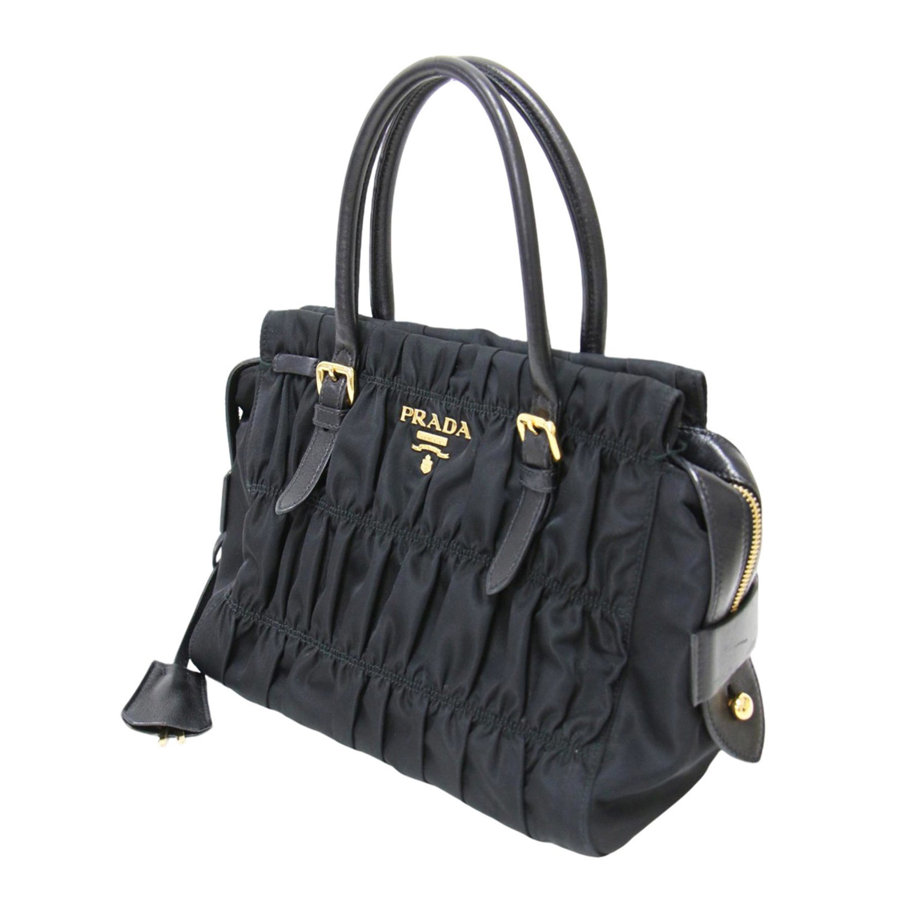 PRADA Nylon Handbag Tote Bag with Gathered Metal and Leather Handles