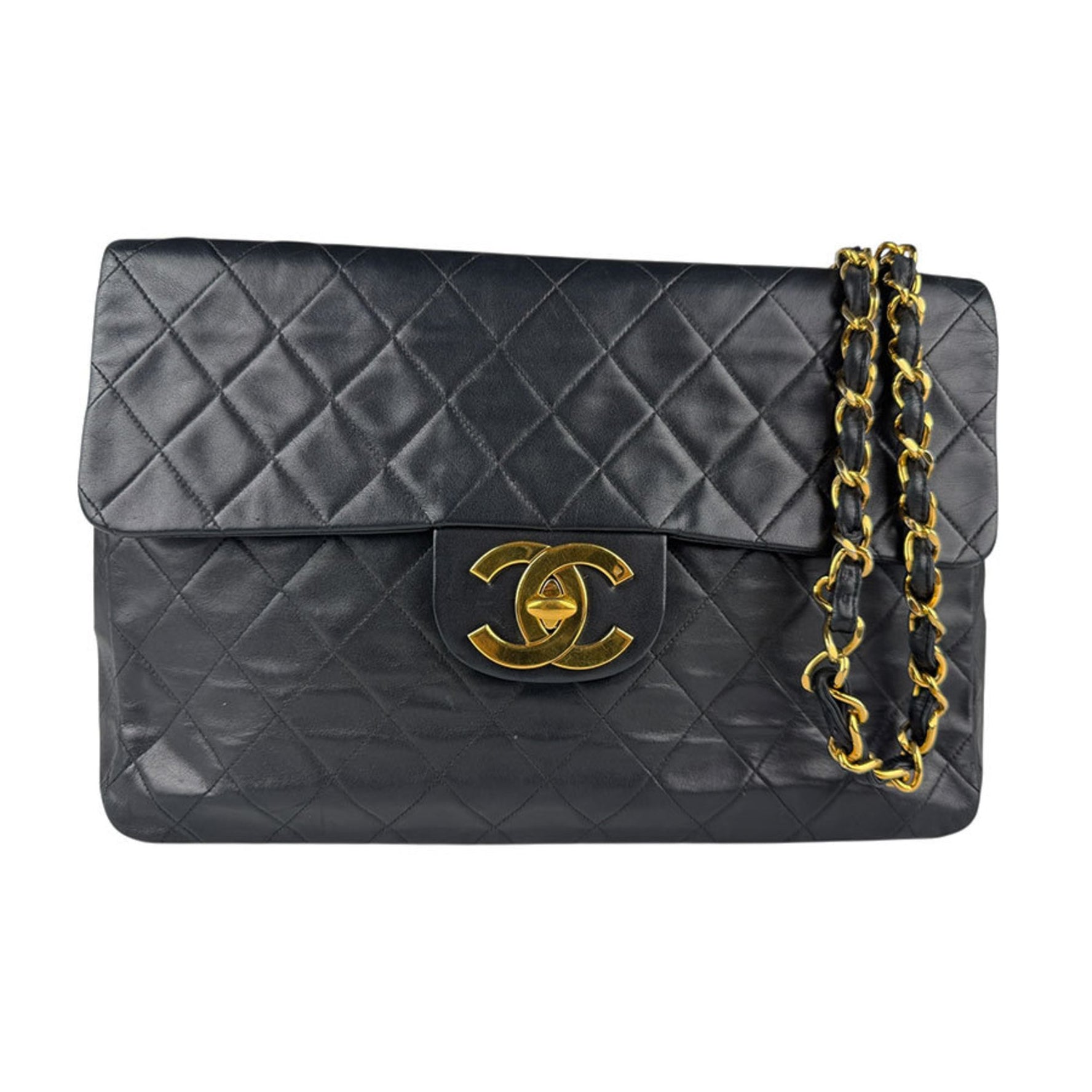 CHANEL Deca Matelasse Shoulder Bag, Leather, Metal, Black, Gold