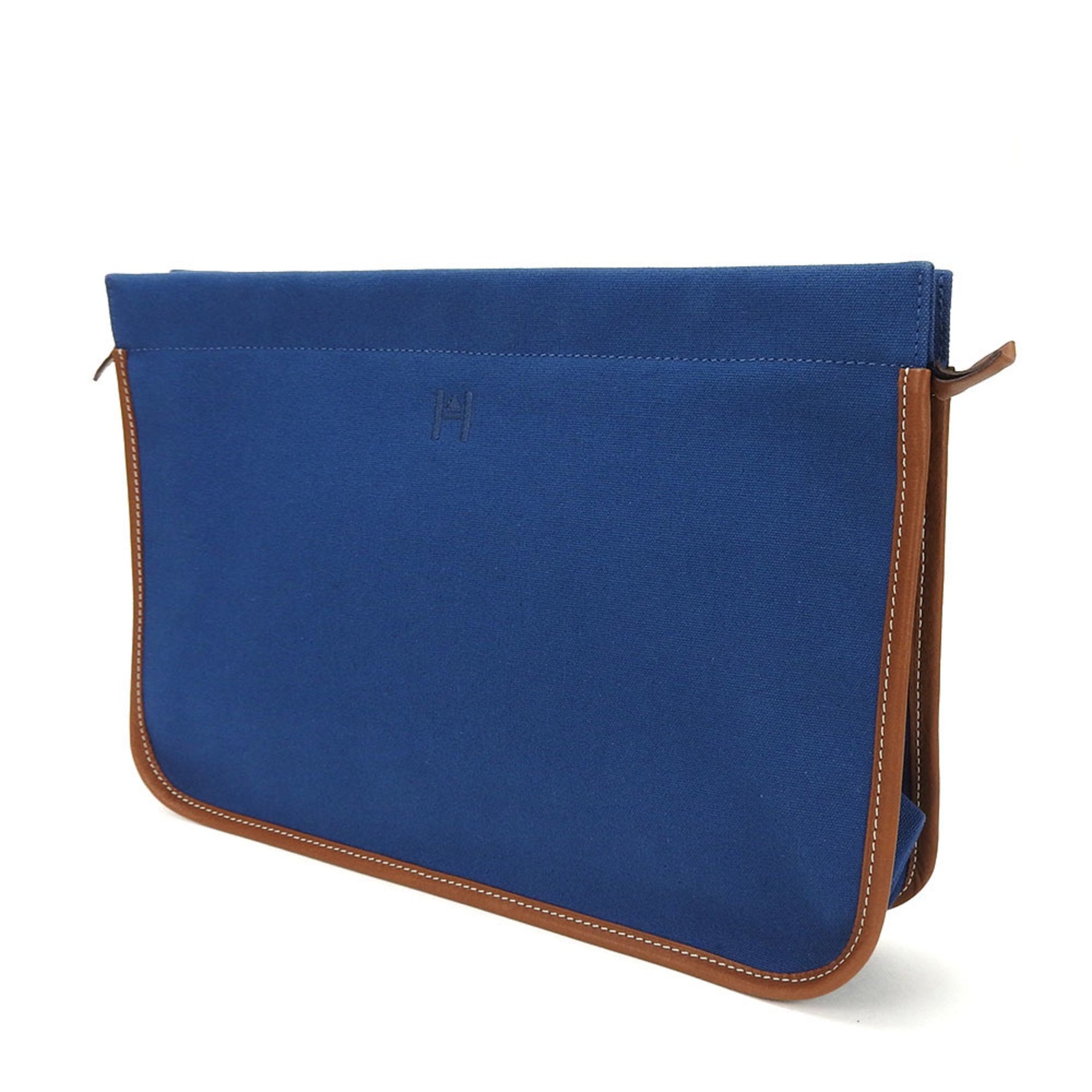 Hermes clutch bag canvas leather navy brown ladies blue