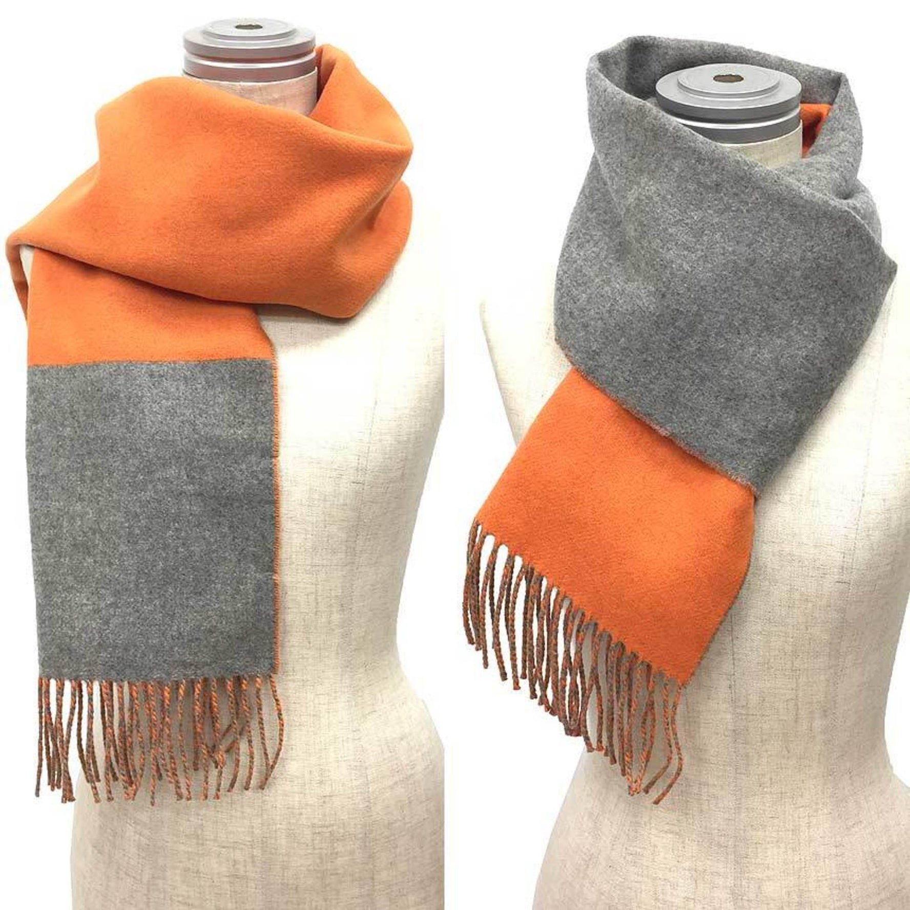 HERMES Cashmere Scarf Bicolor Kazak Stole Orange x Gray Men's