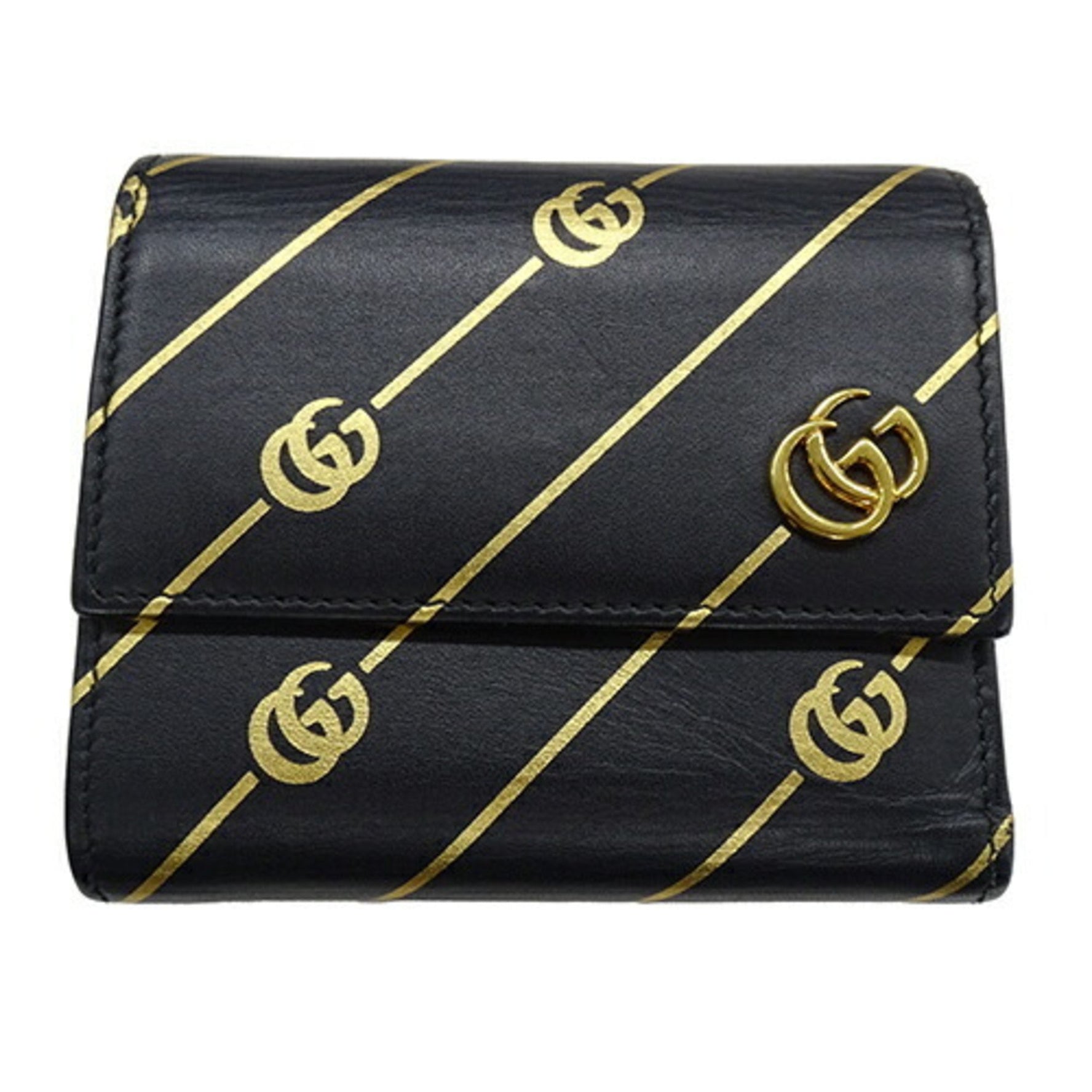GUCCI Wallet and Men, Tri-fold Wallet, GG Marmont Leather, Black Gold
