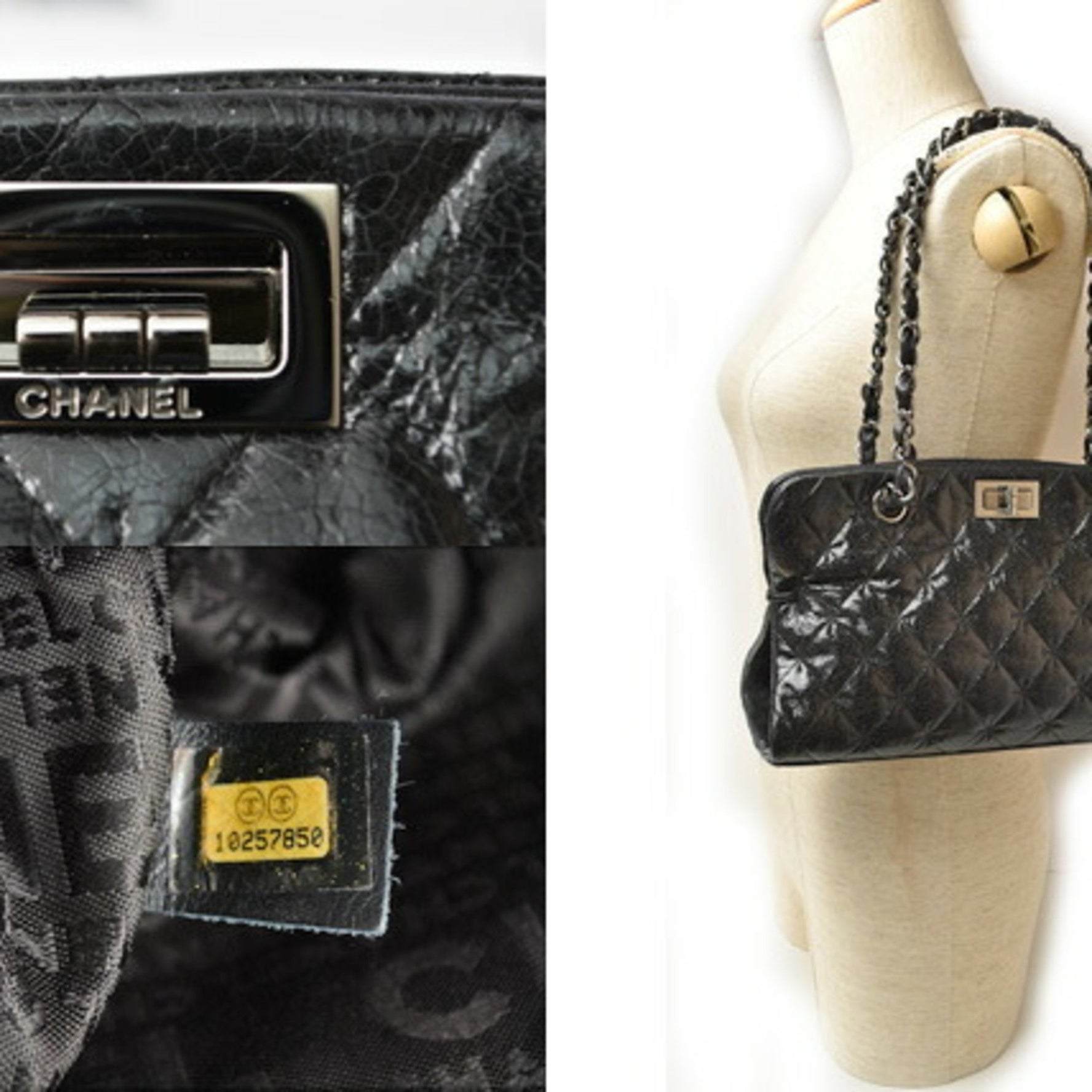 CHANEL tote bag chain patent leather quilted stitch
